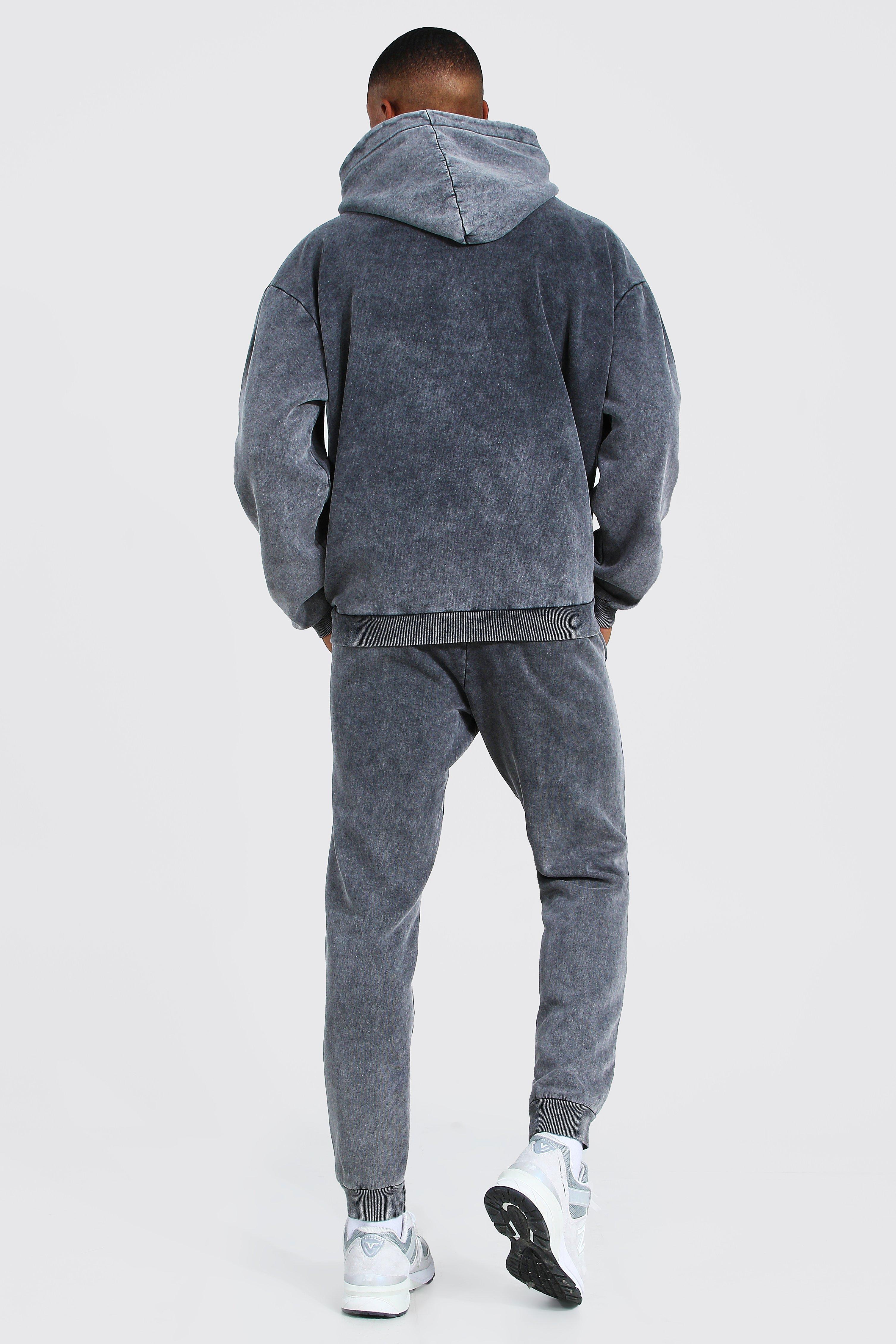 BoohooMAN Cotton Oversized Man Acid Wash Hooded Tracksuit in Grey (Gray) for Men - Lyst