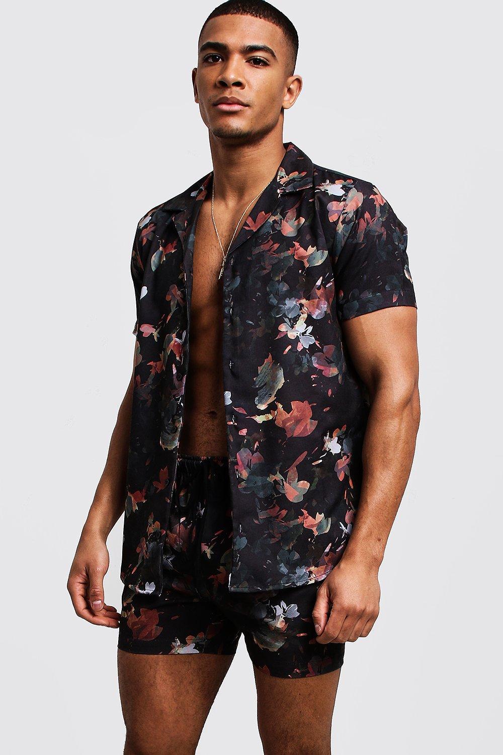 BoohooMAN Denim Floral Print Shirt 