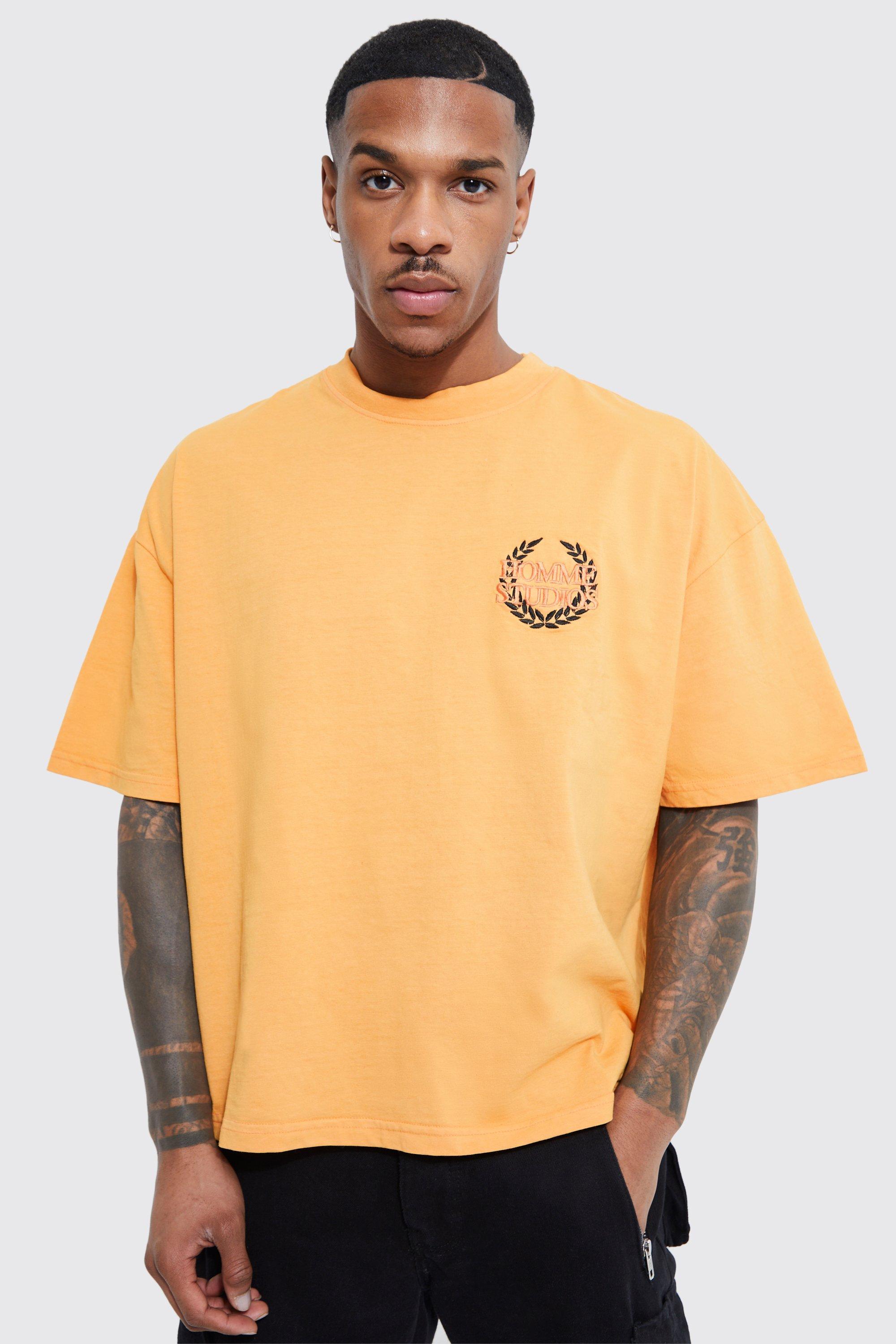 BoohooMAN Oversized Boxy Acid Wash Embroidered T-shirt in Orange for Men |  Lyst UK