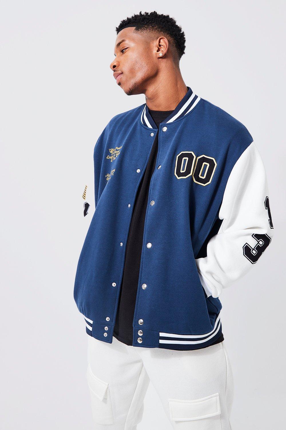 BoohooMAN Oversized Varsity Bomber Jacket With Badges in Blue for Men