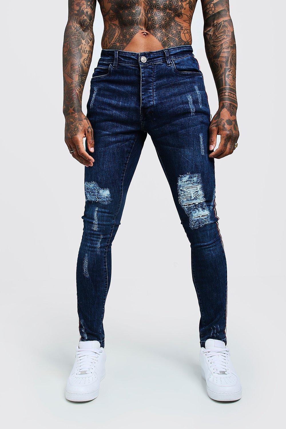BoohooMAN Super Skinny Distressed Jeans With Side Tape in Blue for Men ...