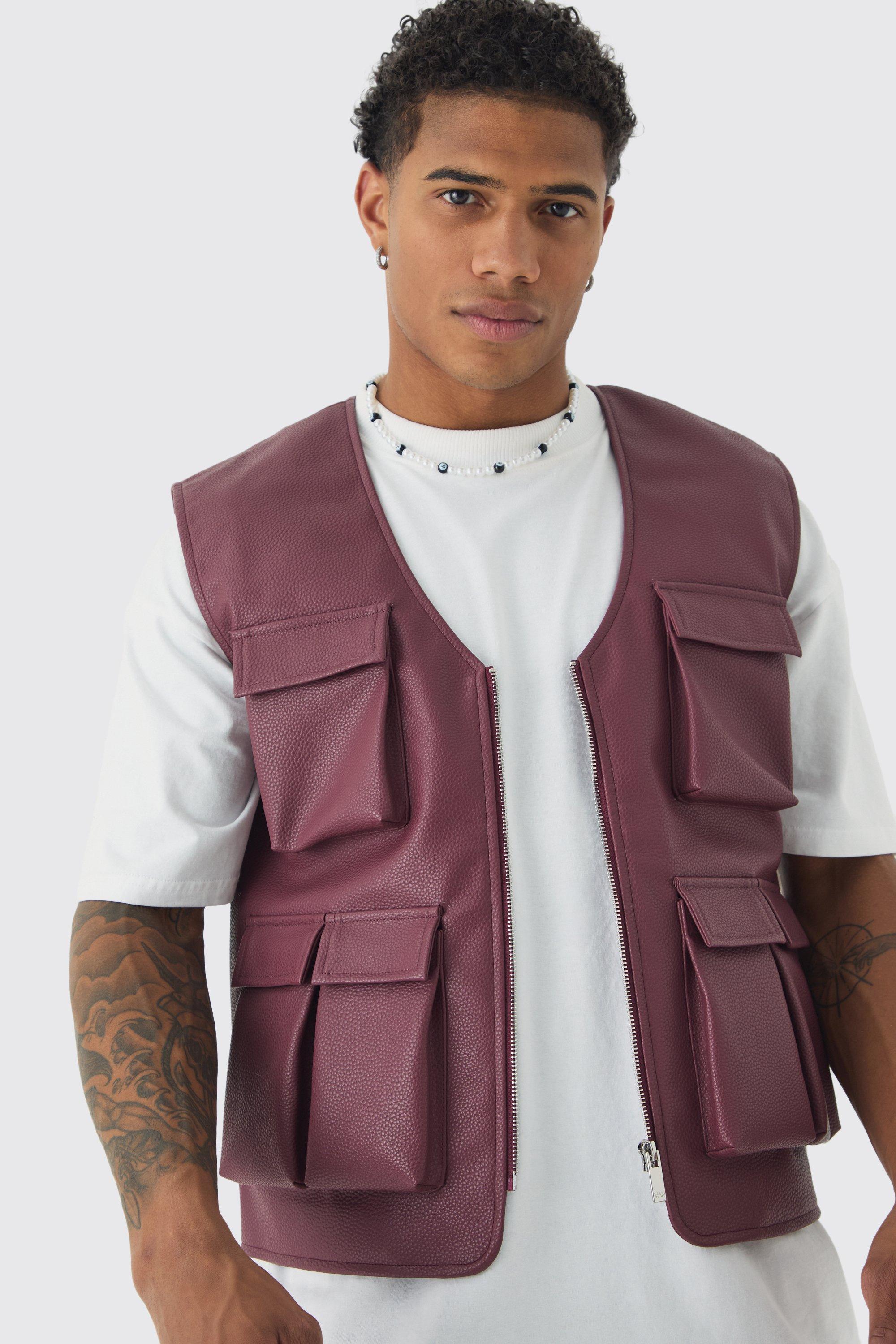 BoohooMAN Pu Utility Vest Jacket In Burgundy in Red for Men Lyst UK