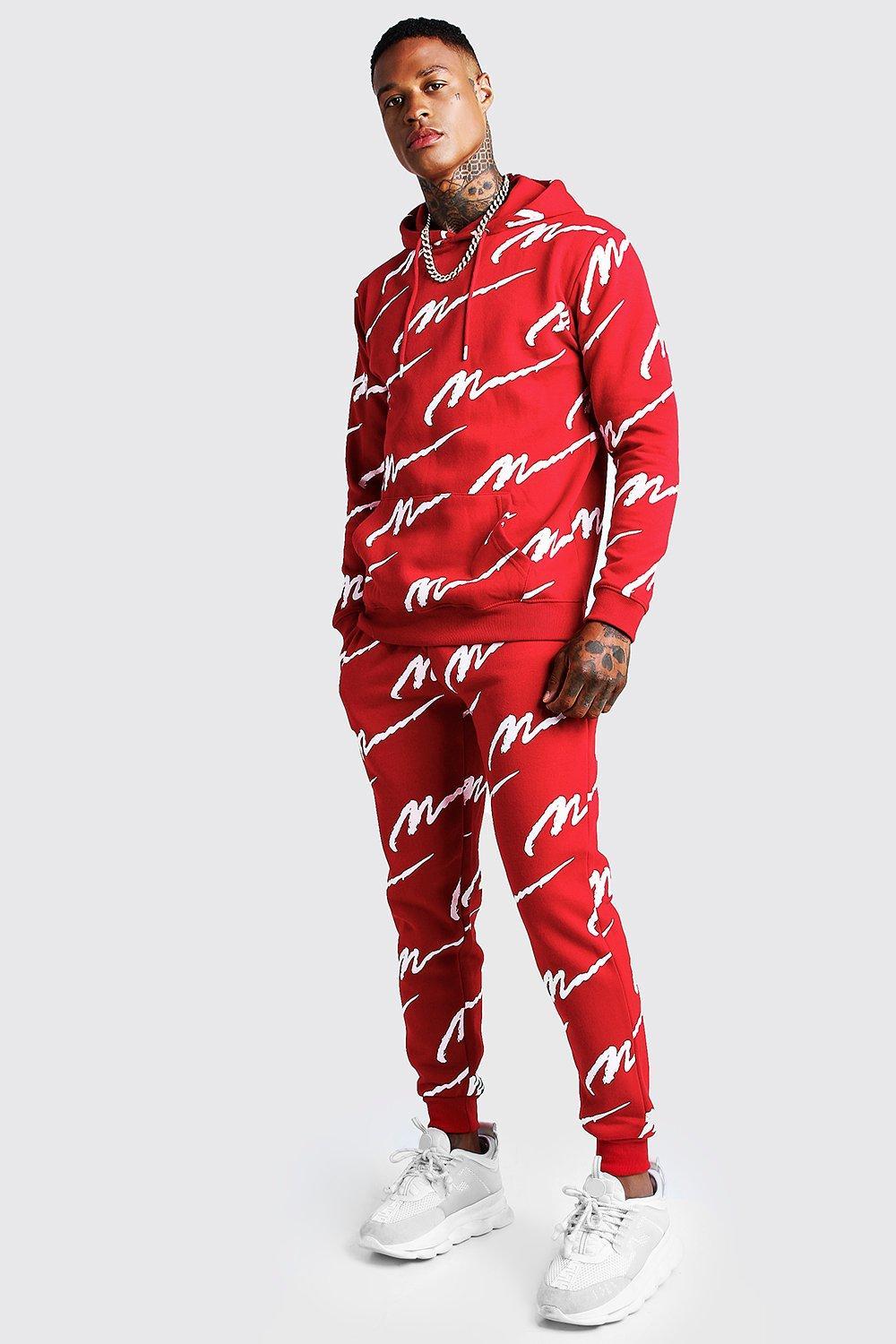 BoohooMAN Cotton All Over Man Printed Hooded Tracksuit in Red for 