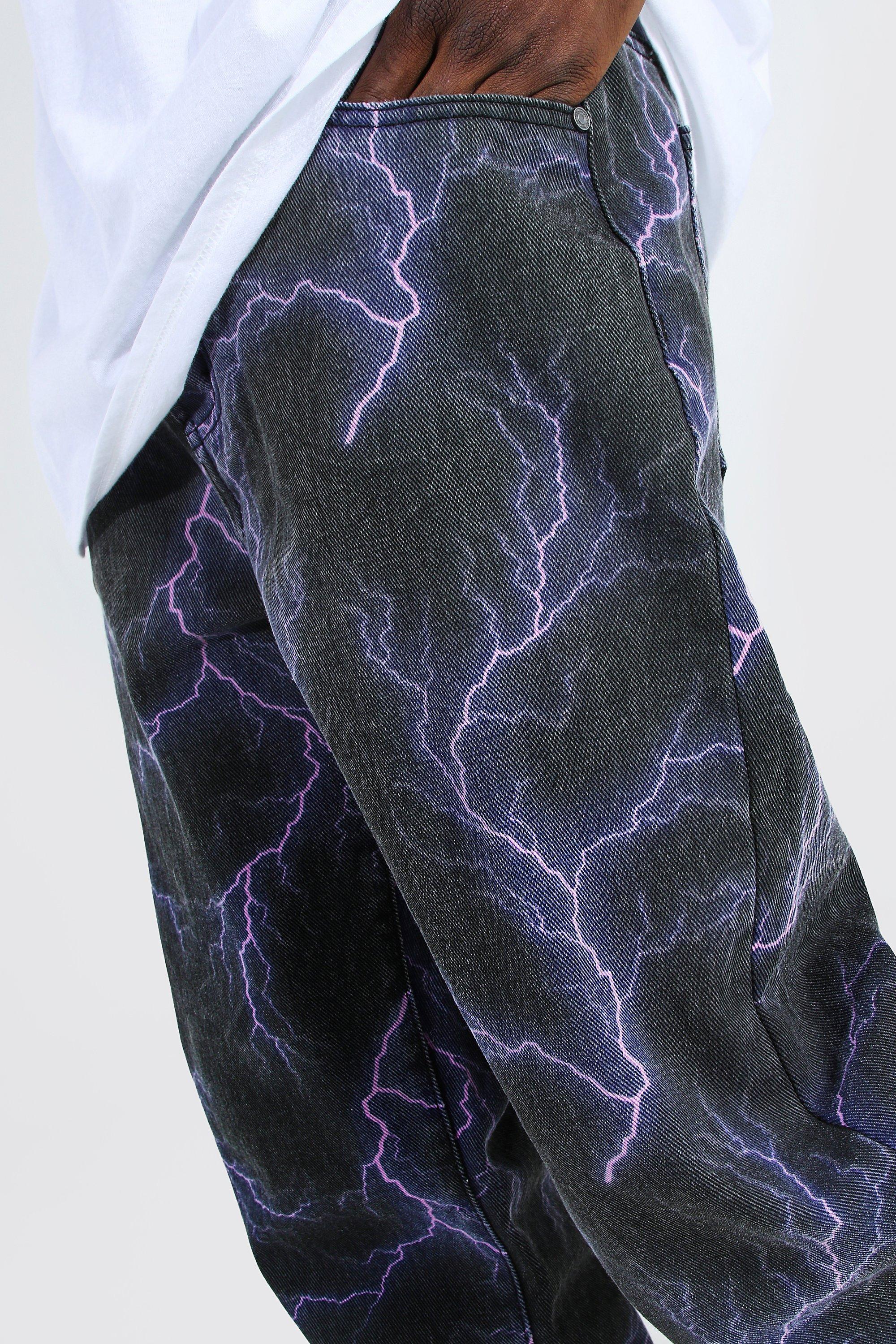 BoohooMAN Relaxed Fit Lightning Printed Jeans in Purple for Men | Lyst UK