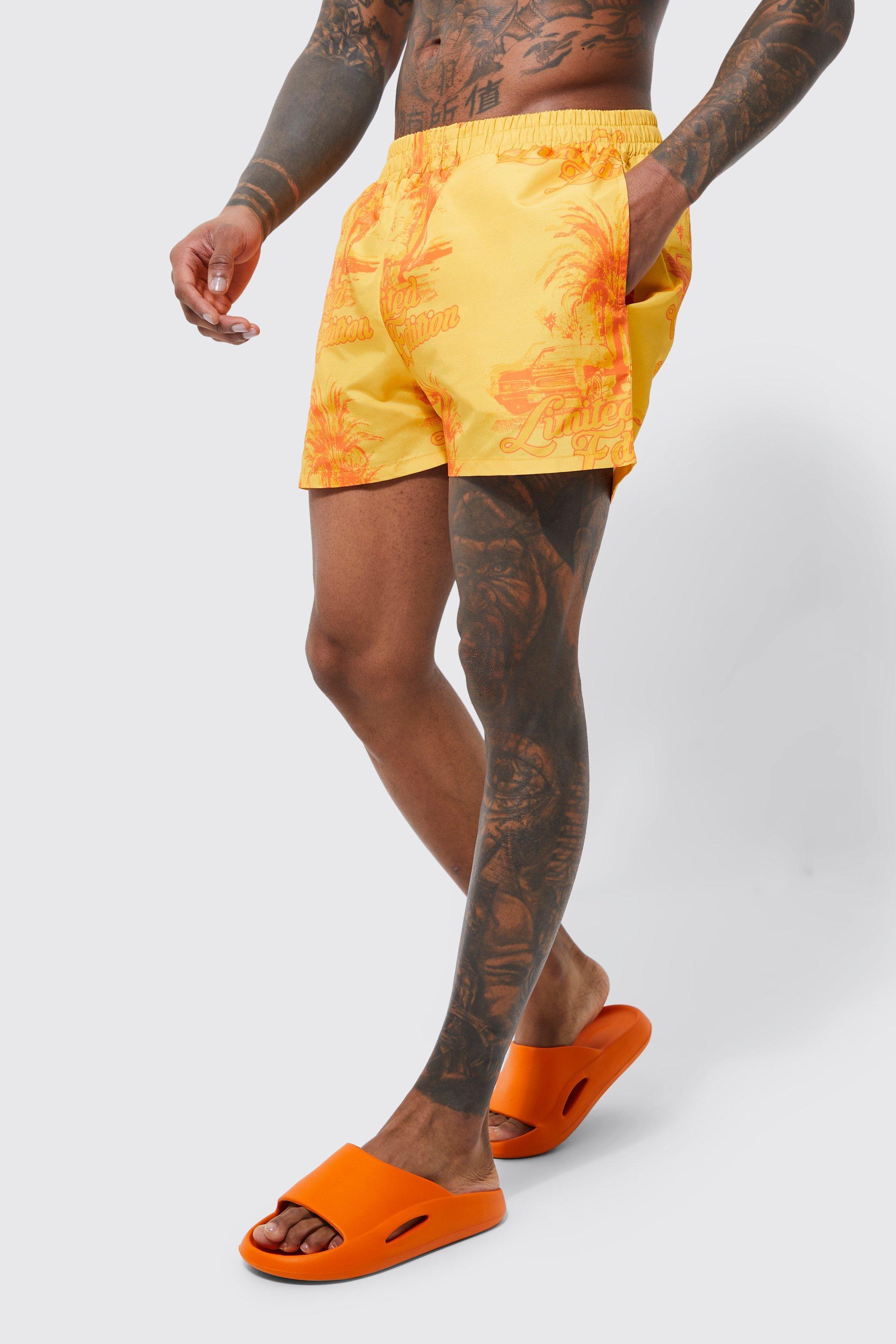 BoohooMAN Short Length Palm Swim Shorts in Orange for Men Lyst