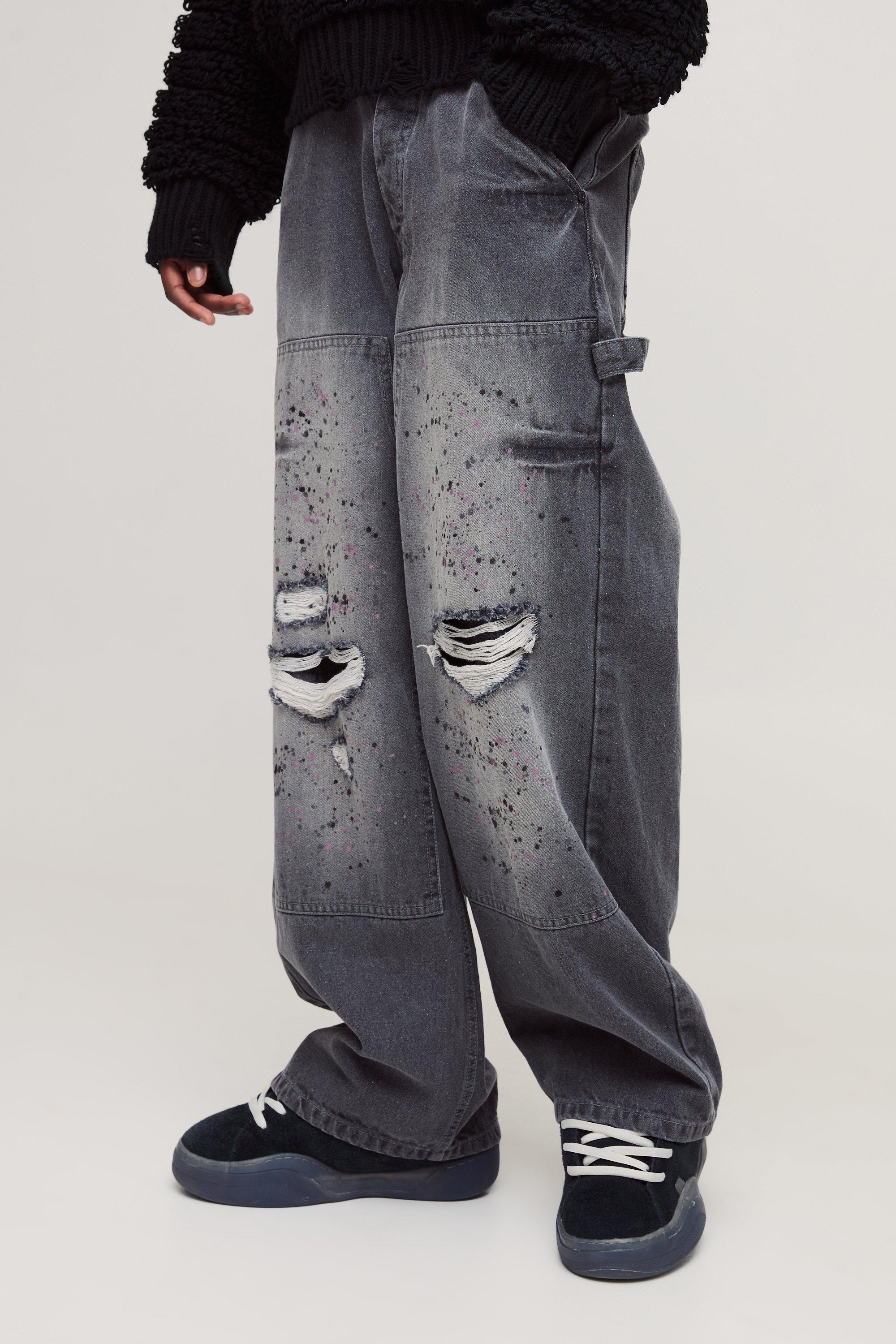BoohooMAN Baggy Rigid Paint Splatter Carpenter Denim Jeans in Grey for Men  | Lyst UK