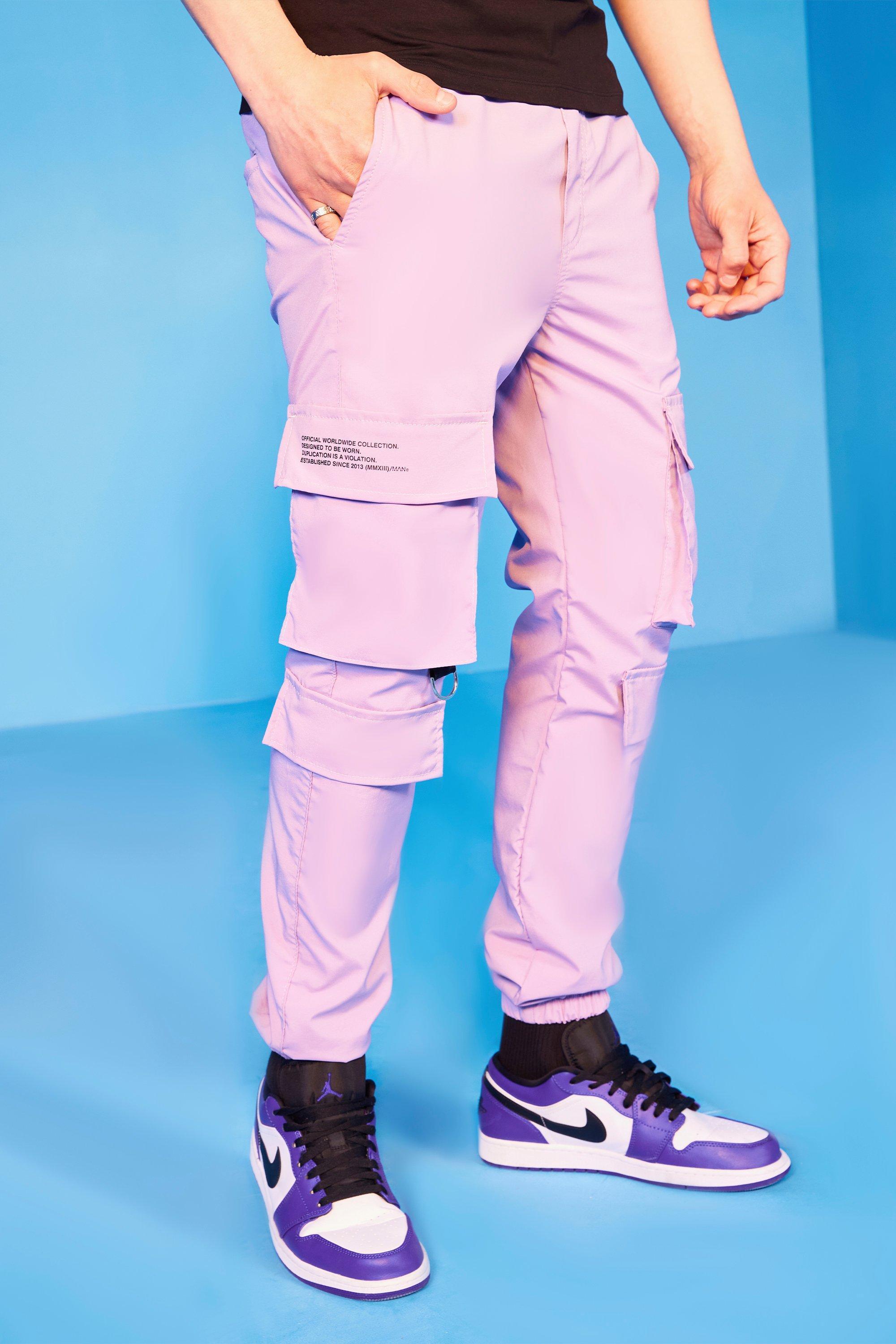 BoohooMAN Denim Slim Fit Multipocket Text Print Cargo Pants in Purple for  Men | Lyst