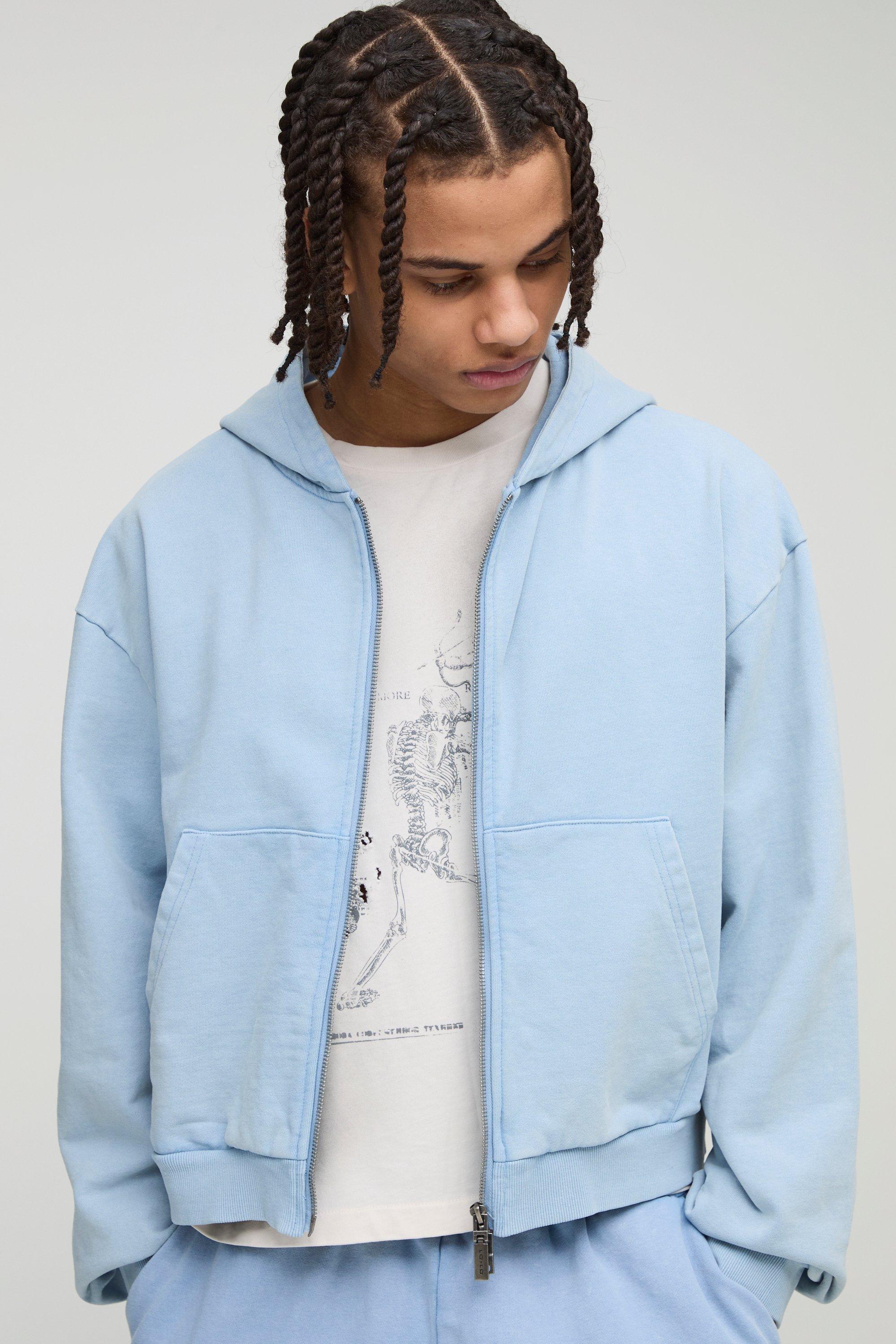 BoohooMAN Premium Shrunken Fit Heavyweight Wash Zip Hoodie in Blue for Men  | Lyst UK