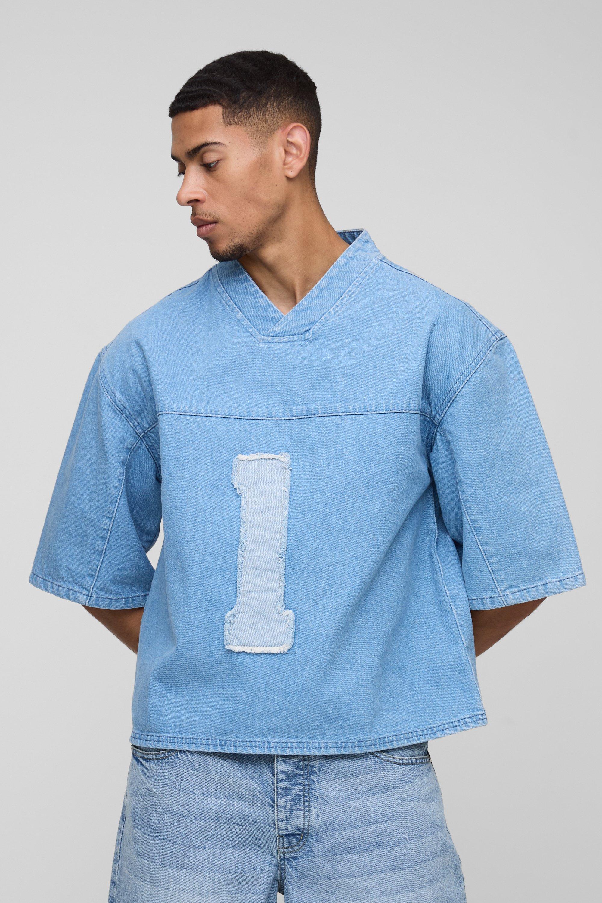 BoohooMAN Oversized Boxy Denim V Neck Applique Football Top