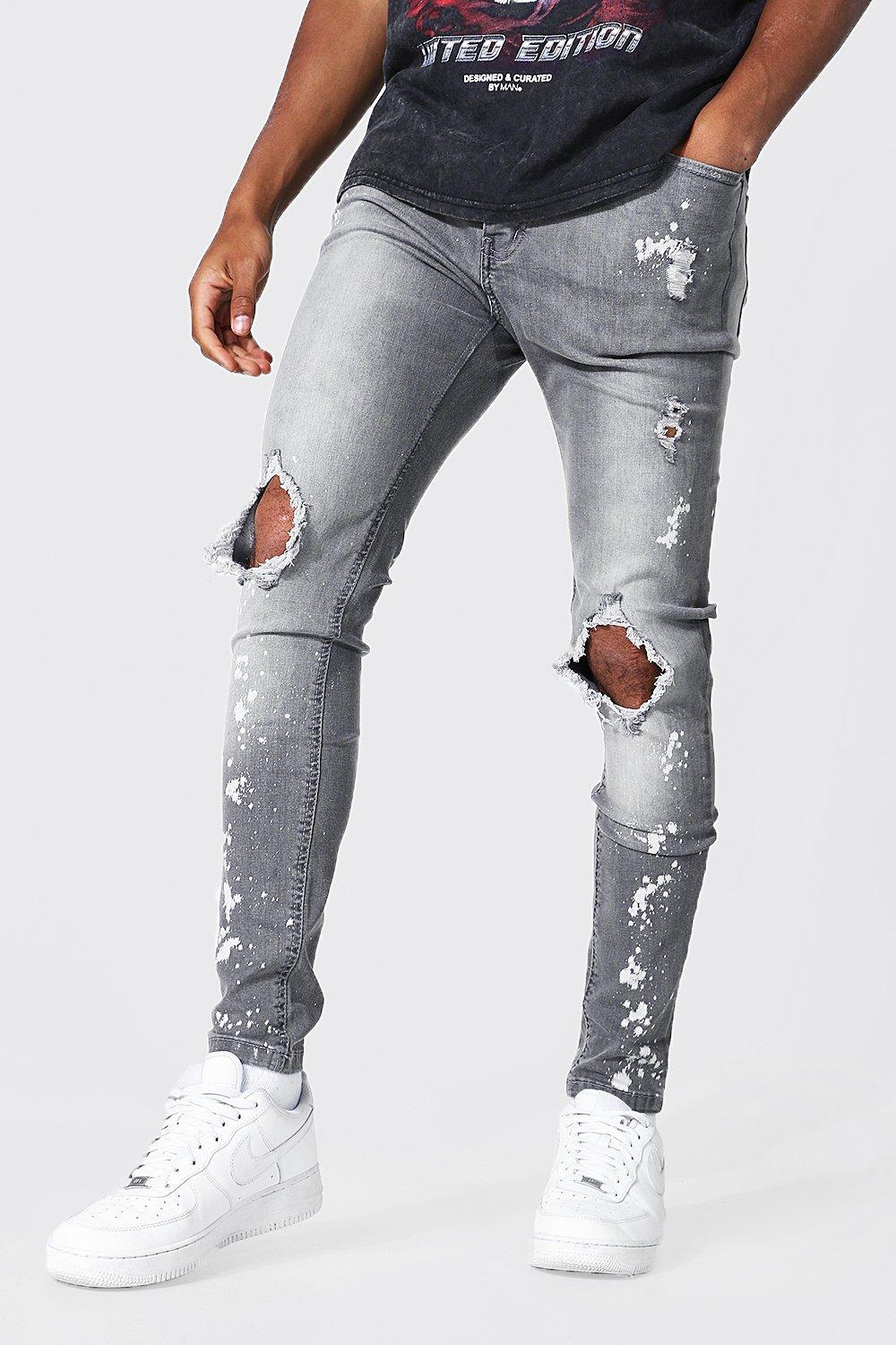 BoohooMAN Denim Super Skinny Busted Knee Paint Splatter Jeans in Grey  (Gray) for Men | Lyst