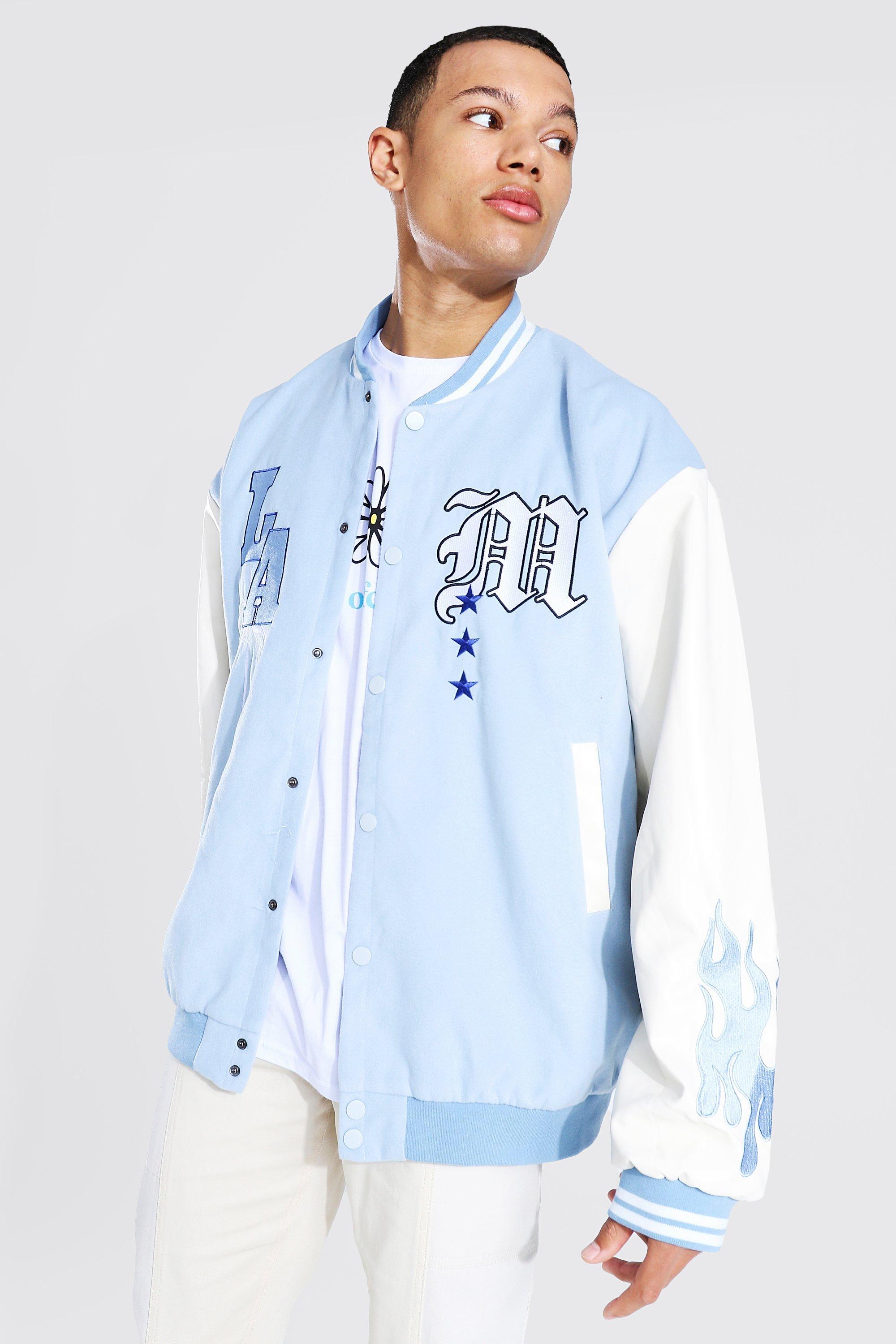 light blue and white varsity jacket