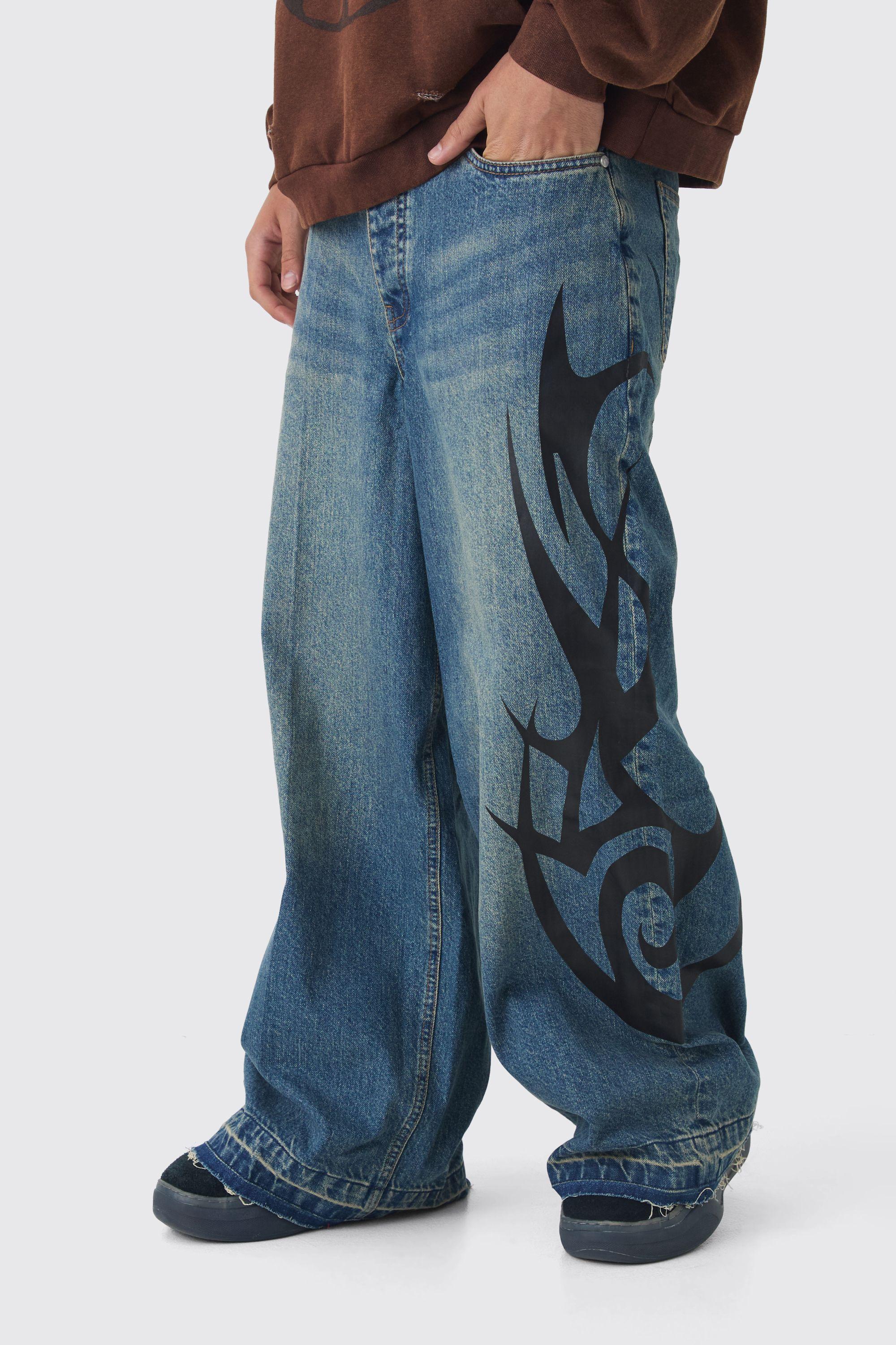 BoohooMAN Extreme Baggy Rigid Flame Denim Jeans in Blue for Men | Lyst