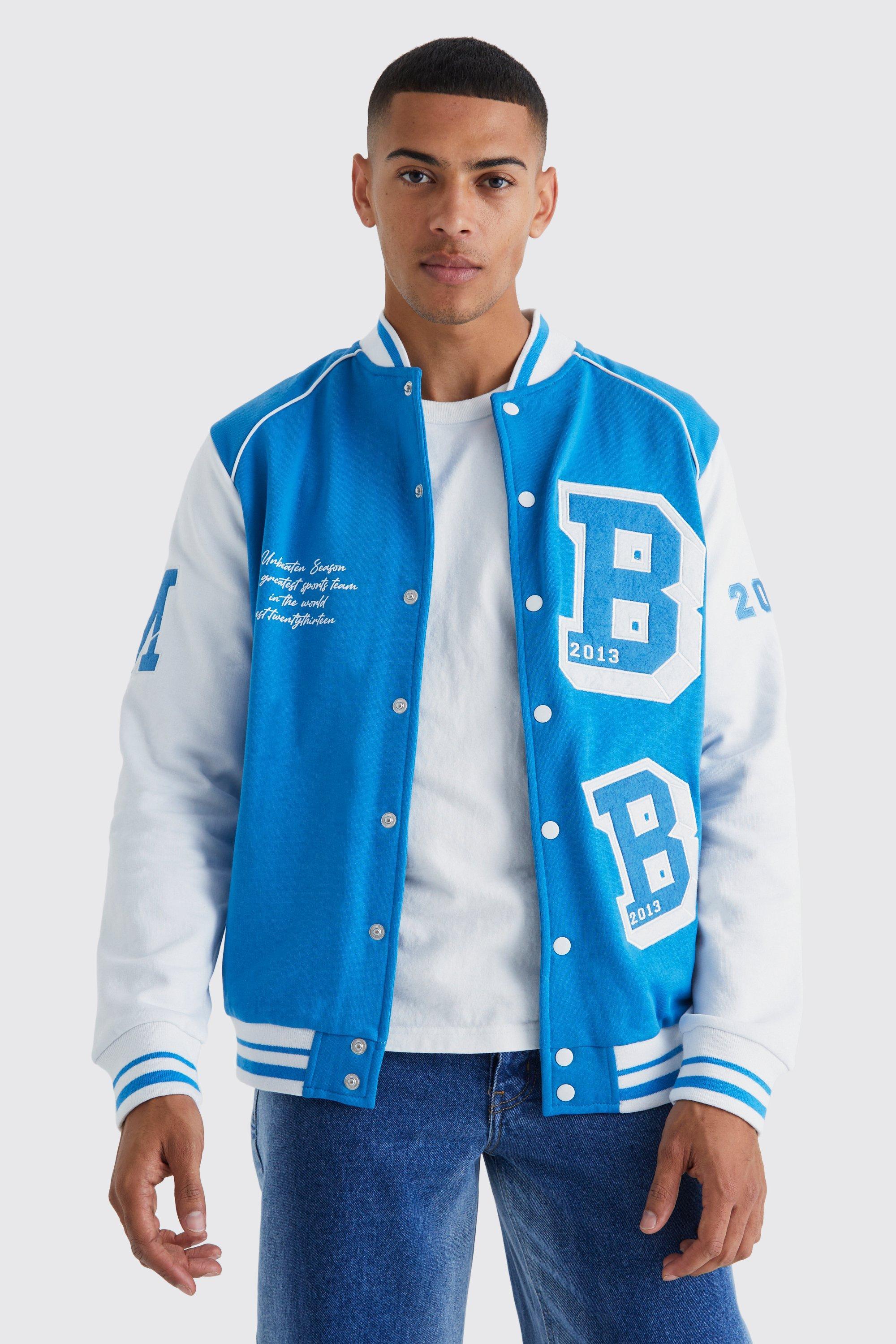 BoohooMAN Plus Red and White Cotton Jersey Bomber Varsity Jacket with Badges