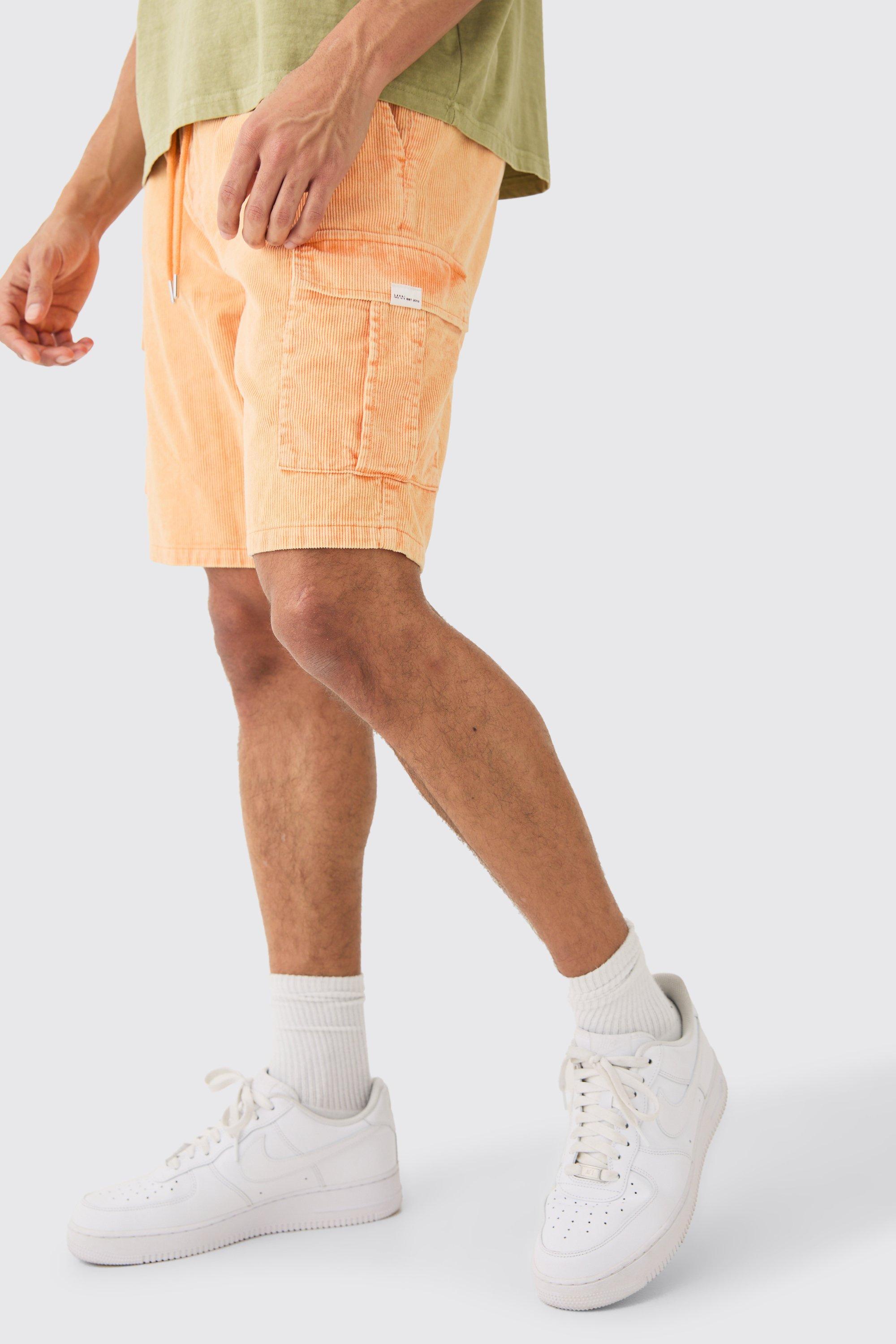 BoohooMAN Elastic Waist Relaxed Acid Wash Cord Cargo Short In Orange for Men Lyst