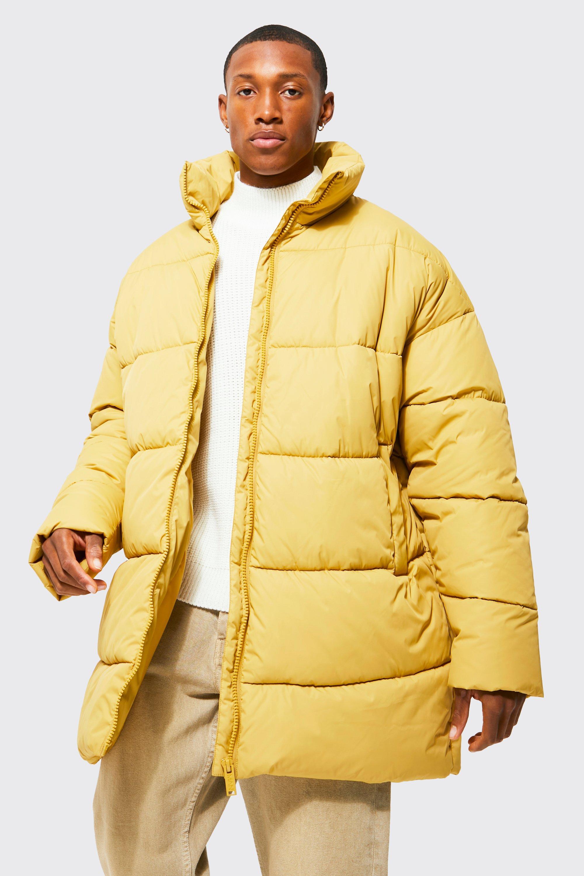 BoohooMAN Oversized Mid Length Funnel Neck Puffer in Yellow for