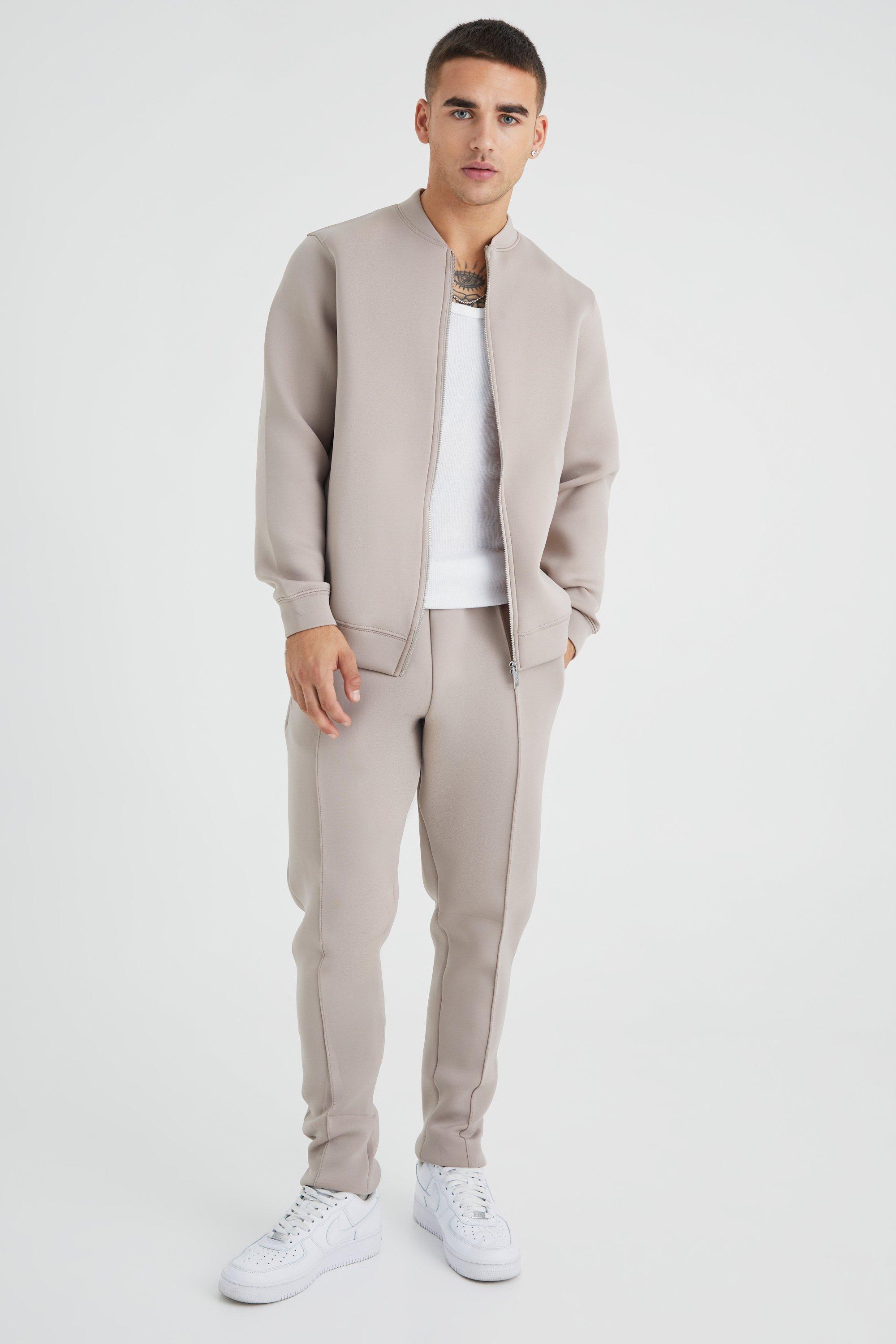 BoohooMAN Bonded Scuba Bomber Jacket & Sweatpants in Natural for