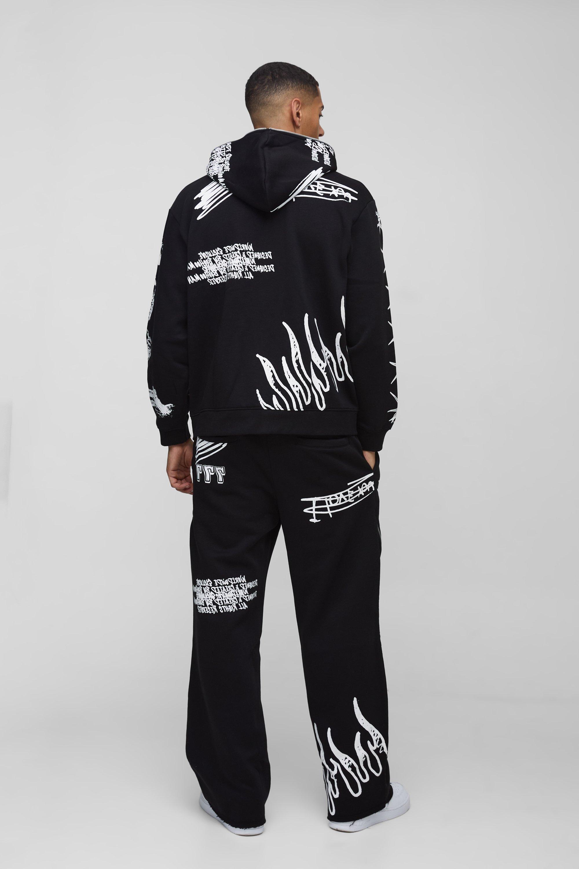 Boohoo Oversized Aop Doodle Zip Through Tracksuit in Blue | Lyst