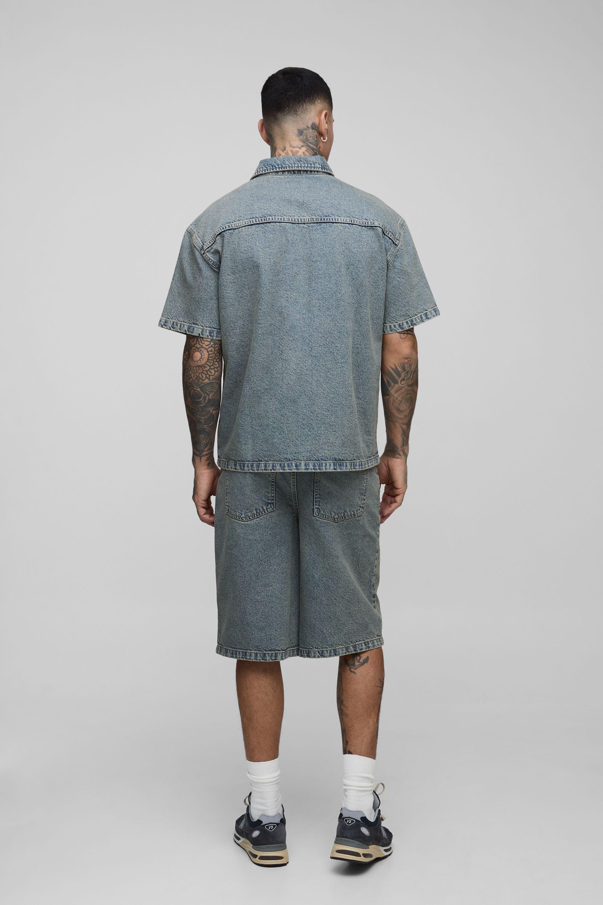 BoohooMAN Tall Oversized Washed Denim Short Sleeve Rugby Shirt in