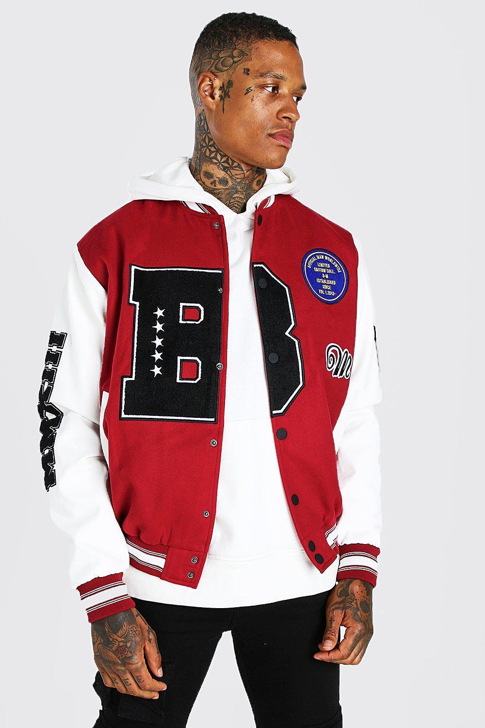 BoohooMAN B Varsity Patch Bomber With Leather Look Sleeves in Red for ...