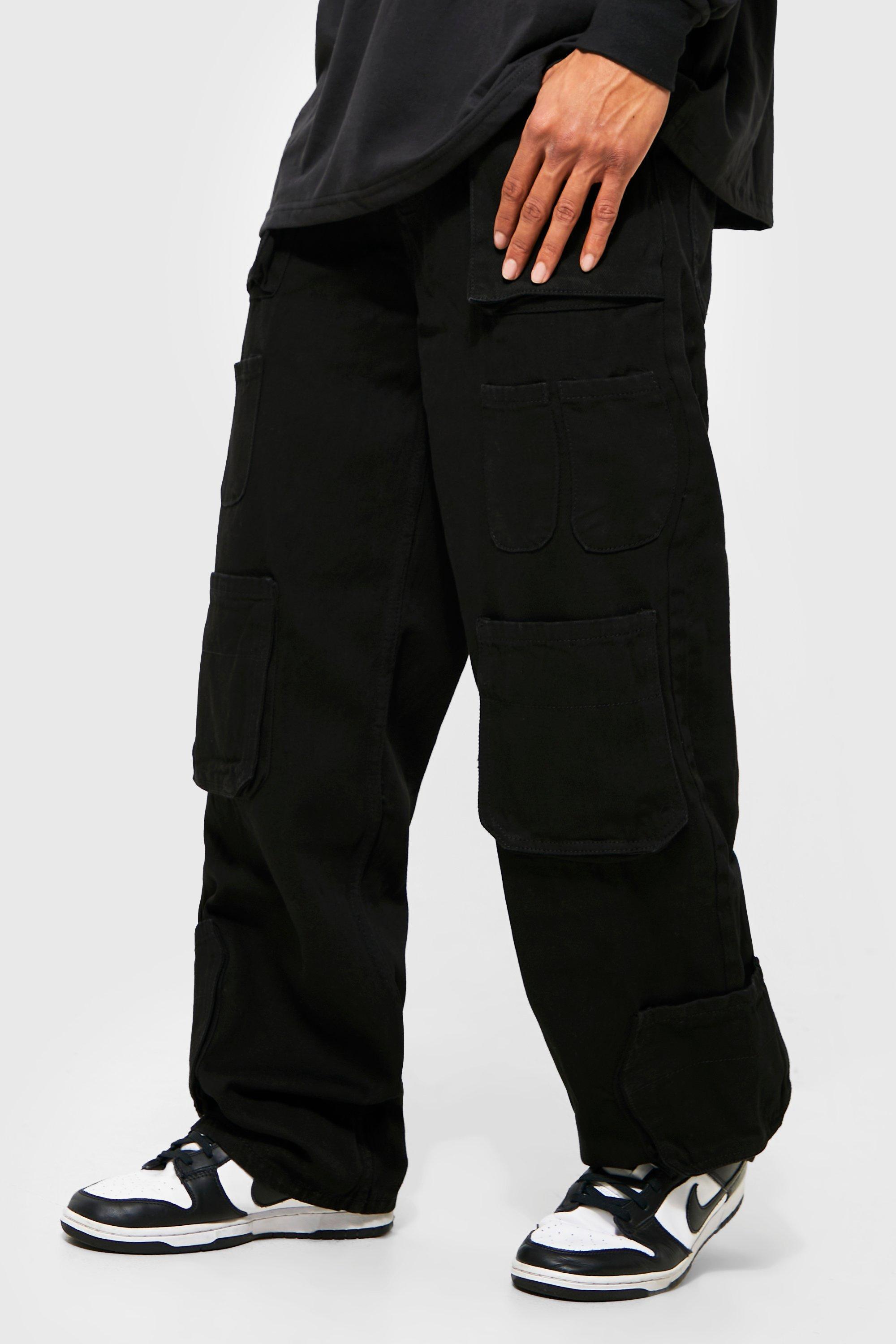BoohooMAN Denim Baggy Fit Multi Cargo Pocket Jeans in Black for Men | Lyst