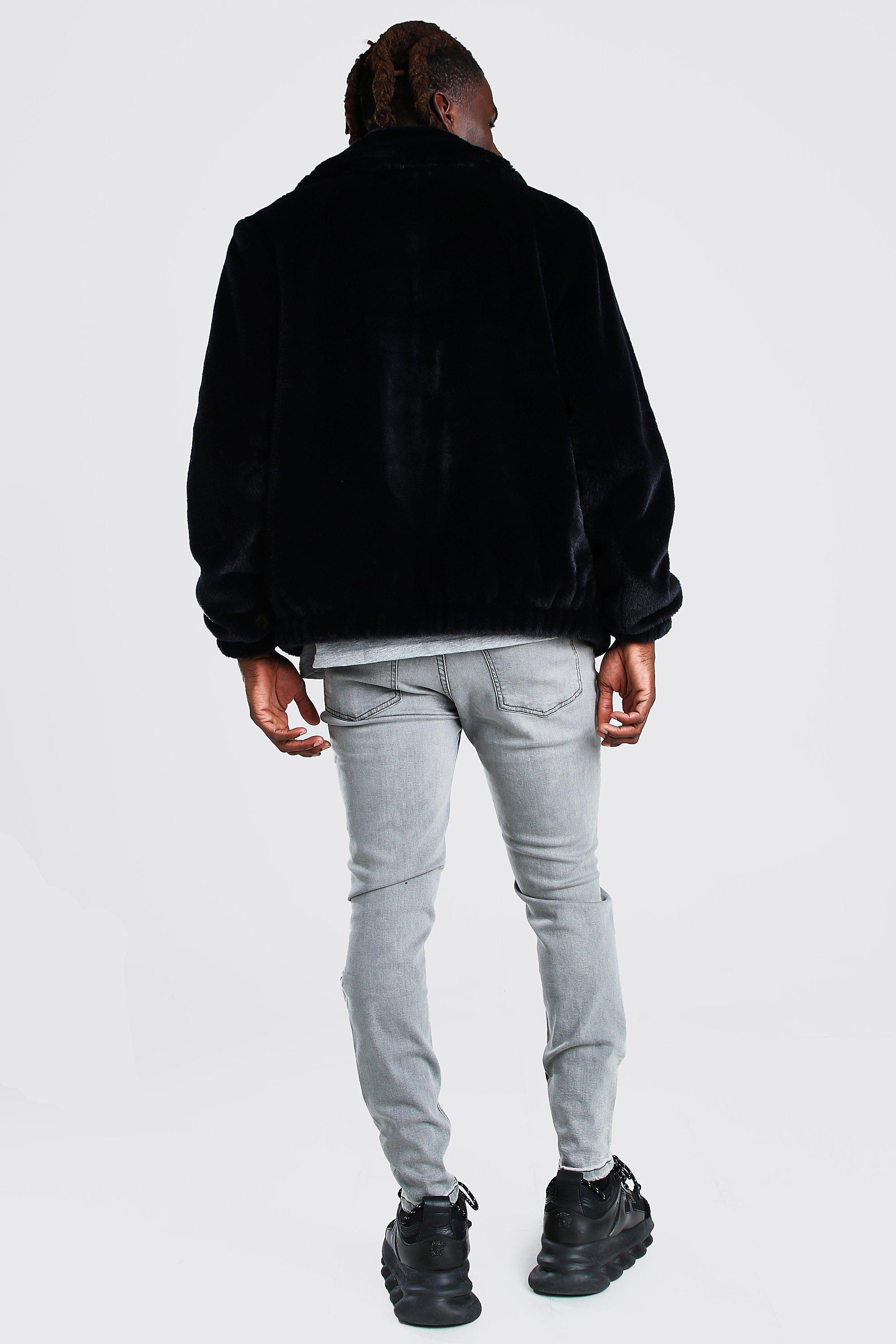 BoohooMAN Denim Faux Fur Collared Bomber Jacket in Black for Men Lyst