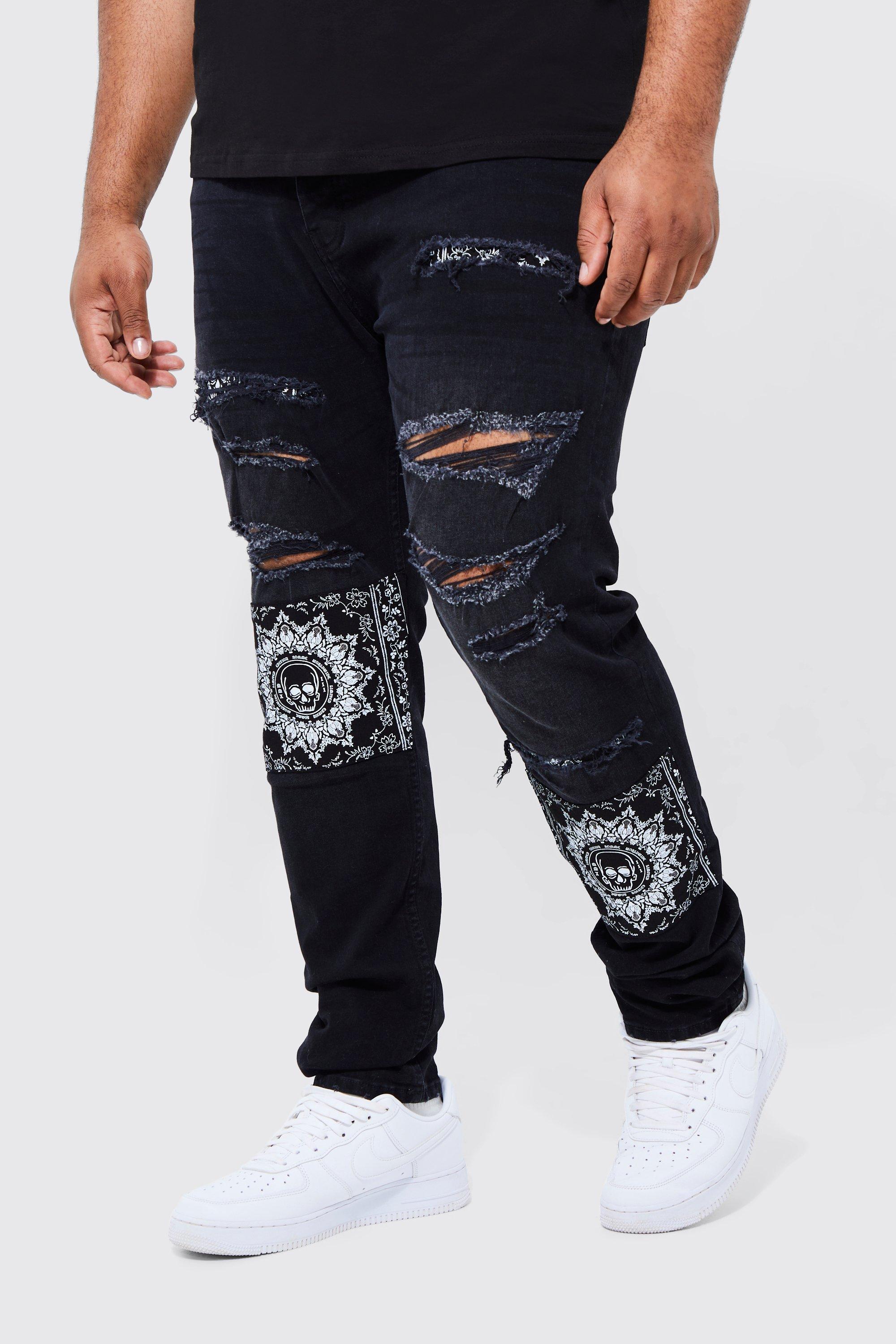 Boohoo Plus Skinny Stacked Rip & Repair Bandana Jeans in Black for Men