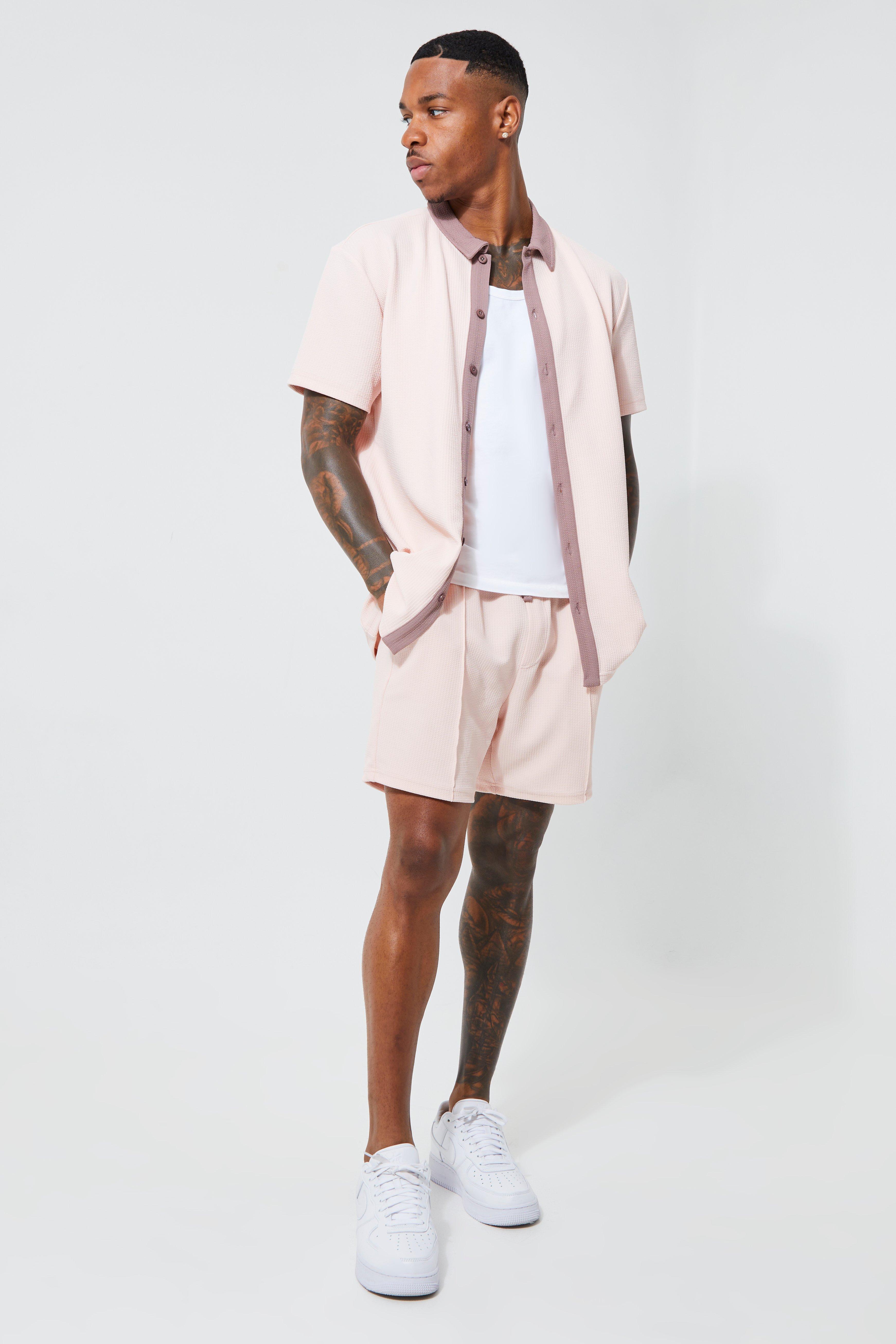 BoohooMAN Short Sleeve Textured Jersey Shirt And Short in Pink for Men |  Lyst