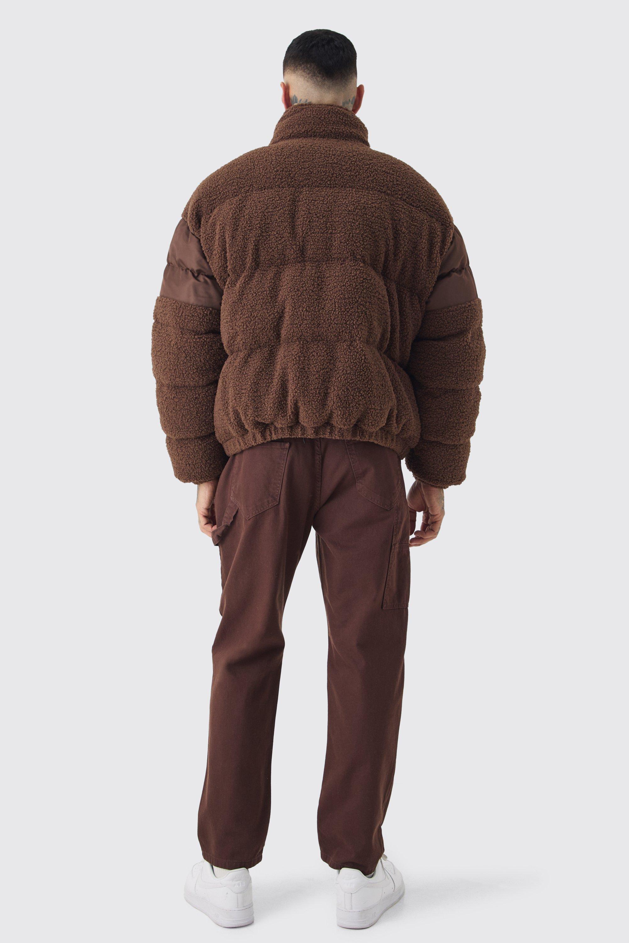 BoohooMAN Tall Borg Nylon Funnel Neck Puffer Jacket In Chocolate