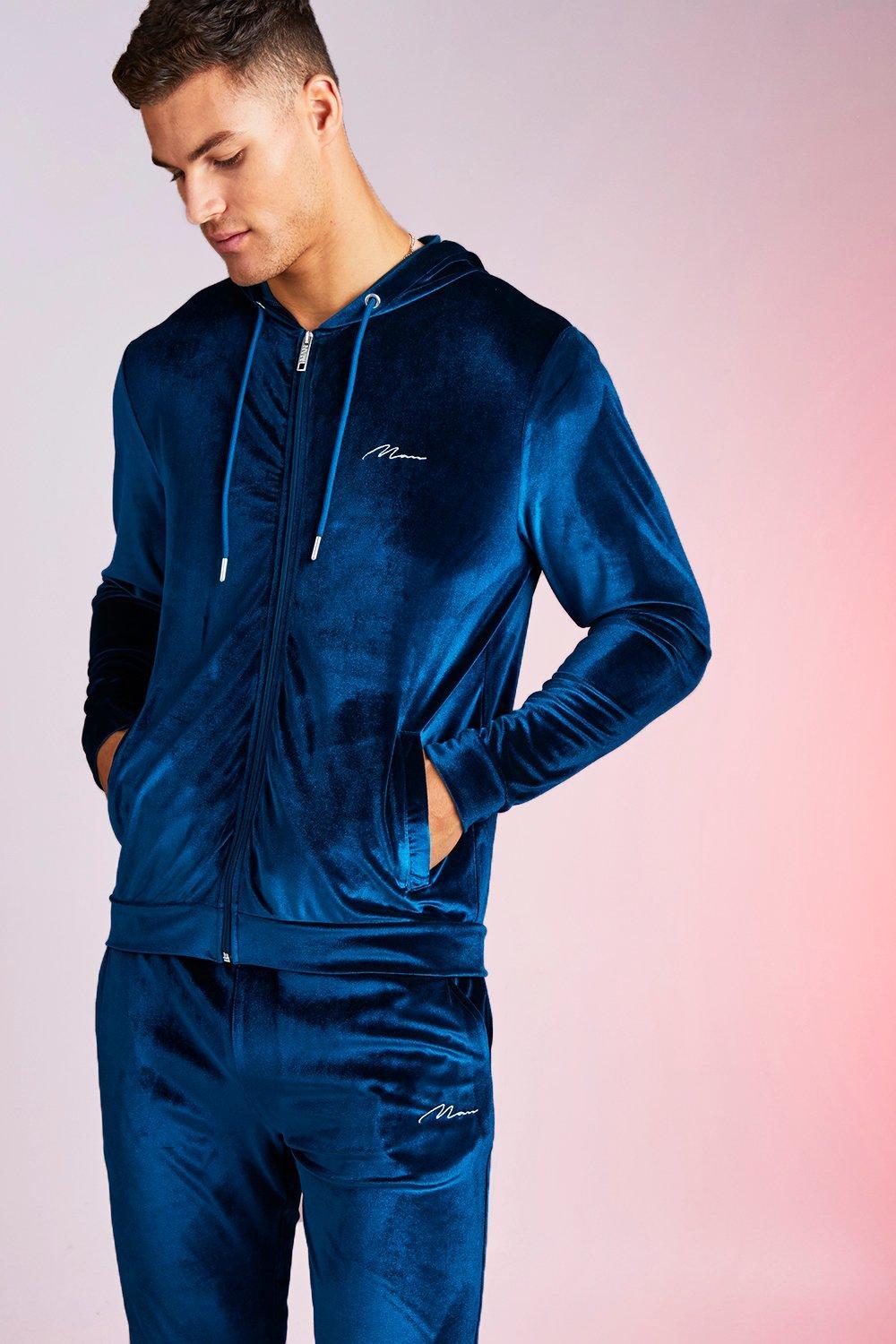 BoohooMAN Man Signature Shiny Velour Hooded Tracksuit in Blue for Men ...