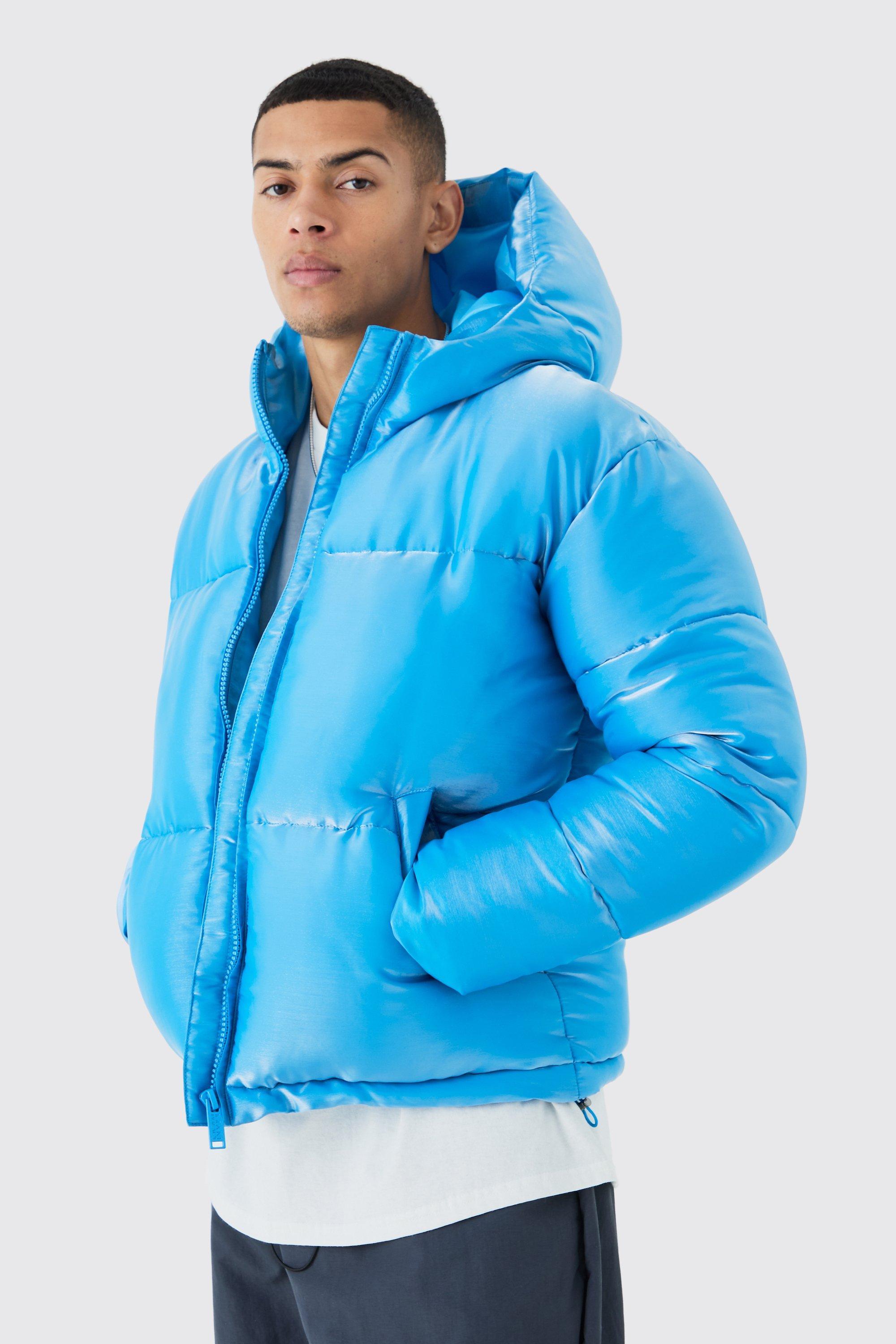 BoohooMAN Liquid Metallic Nylon Puffer Jacket in Blue for Men | Lyst