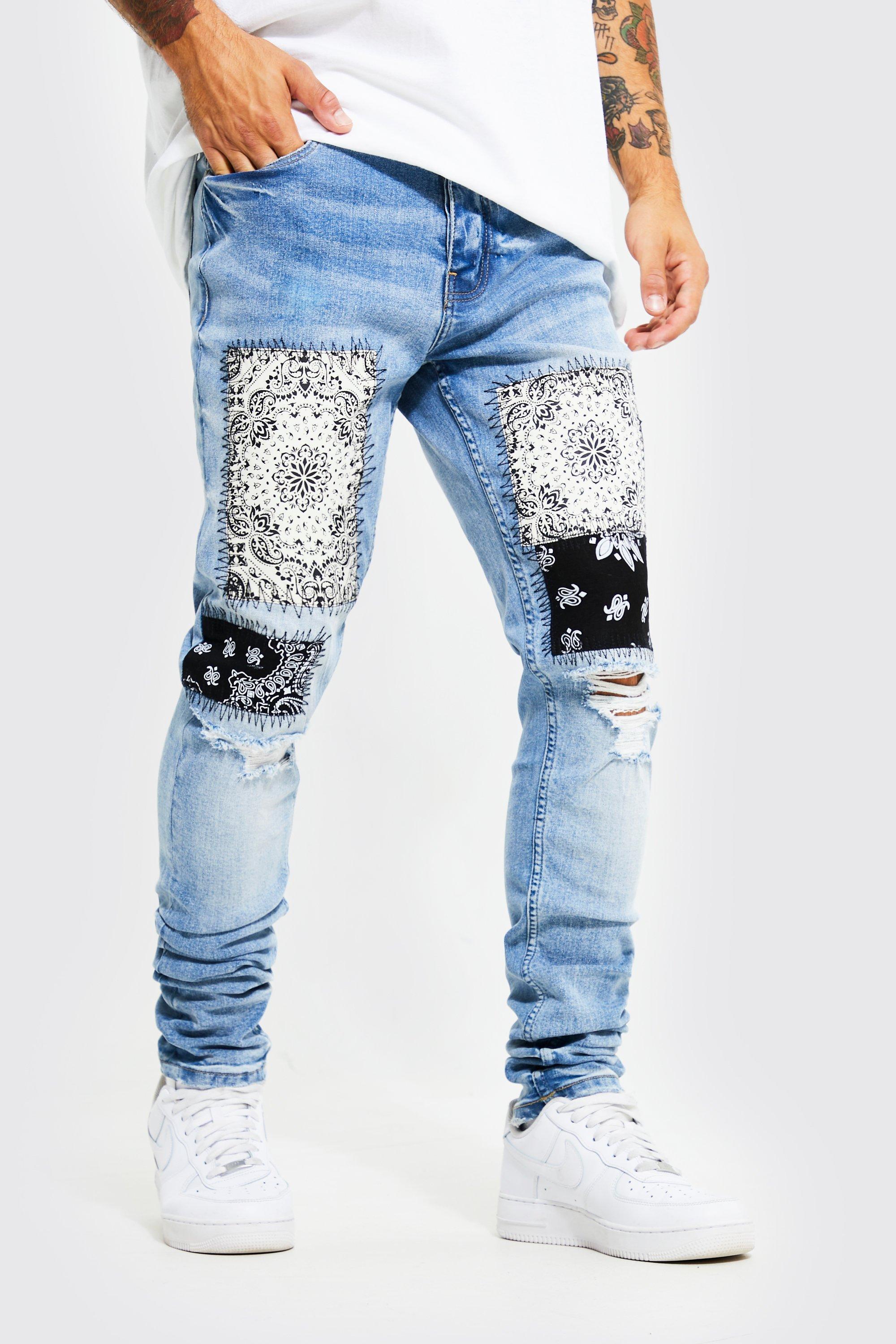 BoohooMAN Skinny Stacked Bandana Patch Jeans in Blue for Men | Lyst