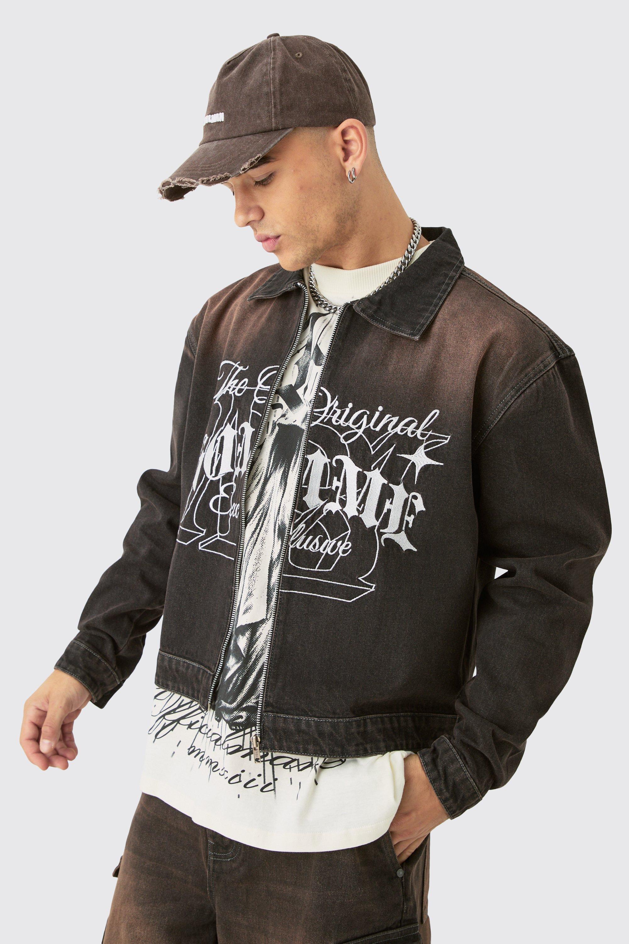 BoohooMAN Homme Embroidered Boxy Fit Jean Jacket in Black for Men Lyst UK