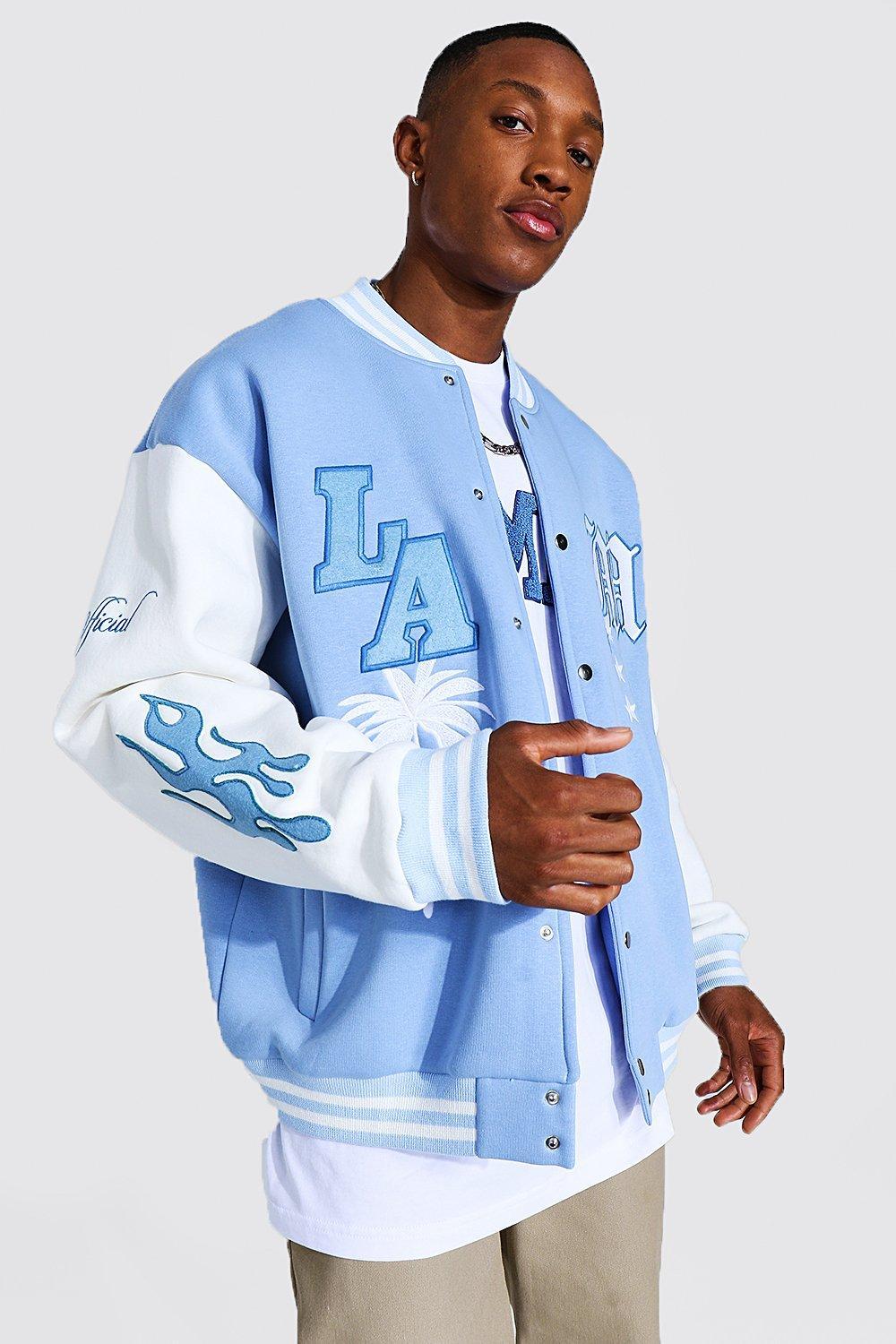 BoohooMAN La Badge Jersey Varsity Bomber Jacket in Blue for Men | Lyst