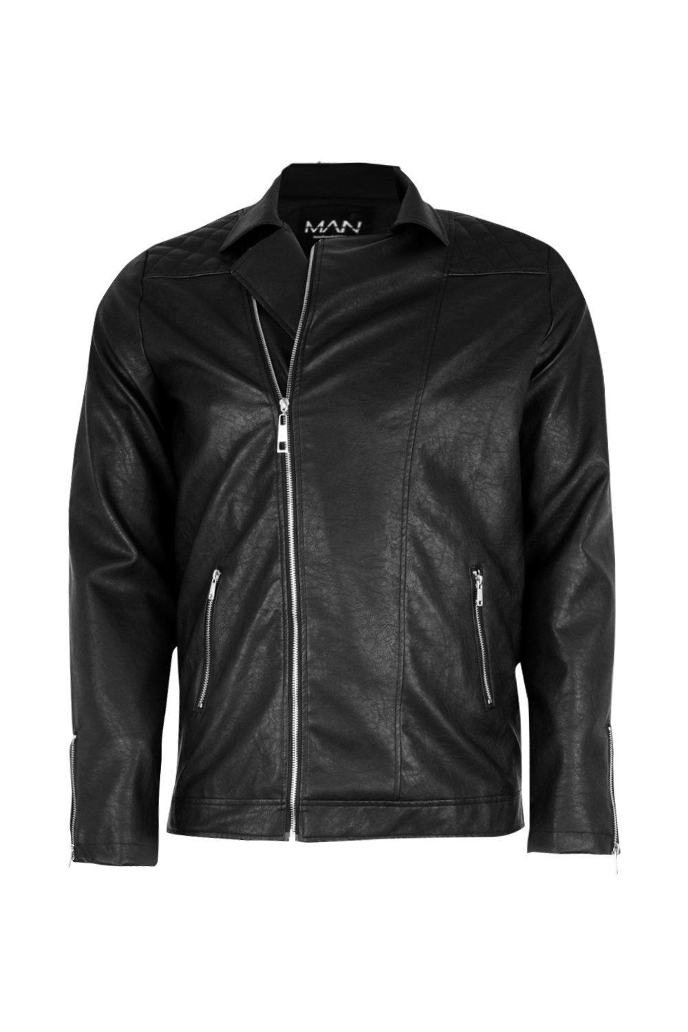 Boohooman Big And Tall Stitch Detail Faux Leather Biker Jacket In View Fullscreen