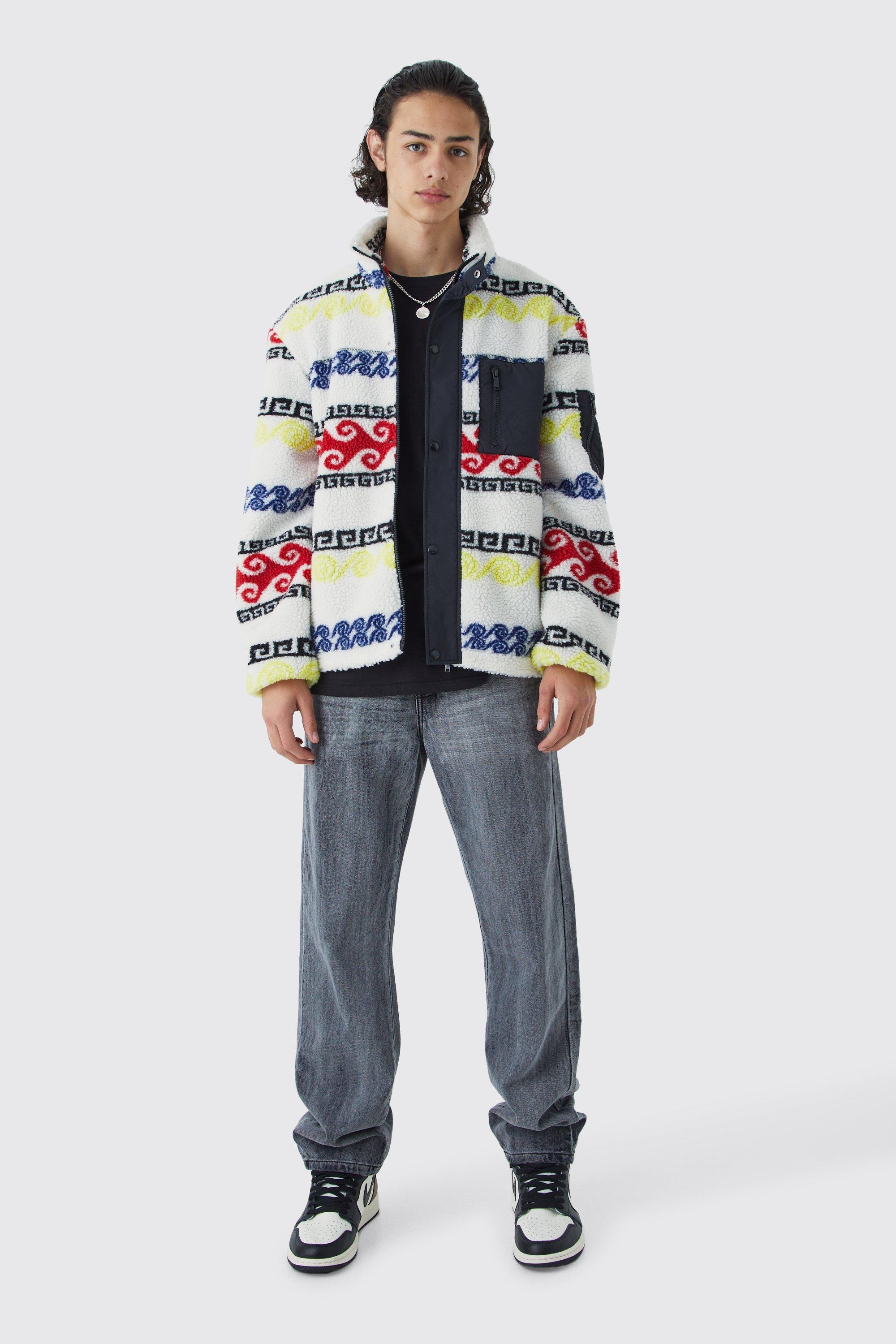 BoohooMAN Borg Nylon Mix Aztec Funnel Neck Jacket in Blue for