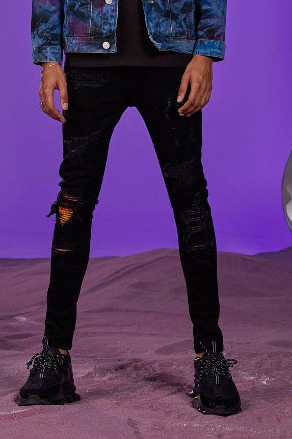 super skinny coloured bandana ripped jeans