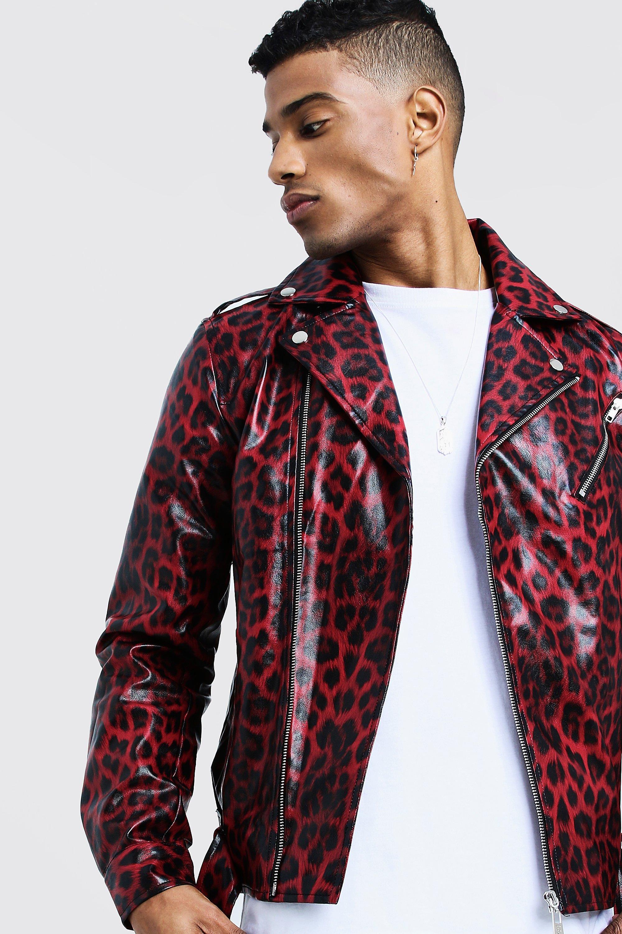 BoohooMAN Faux Leather Biker Jacket In Leopard Print in Red for Men | Lyst