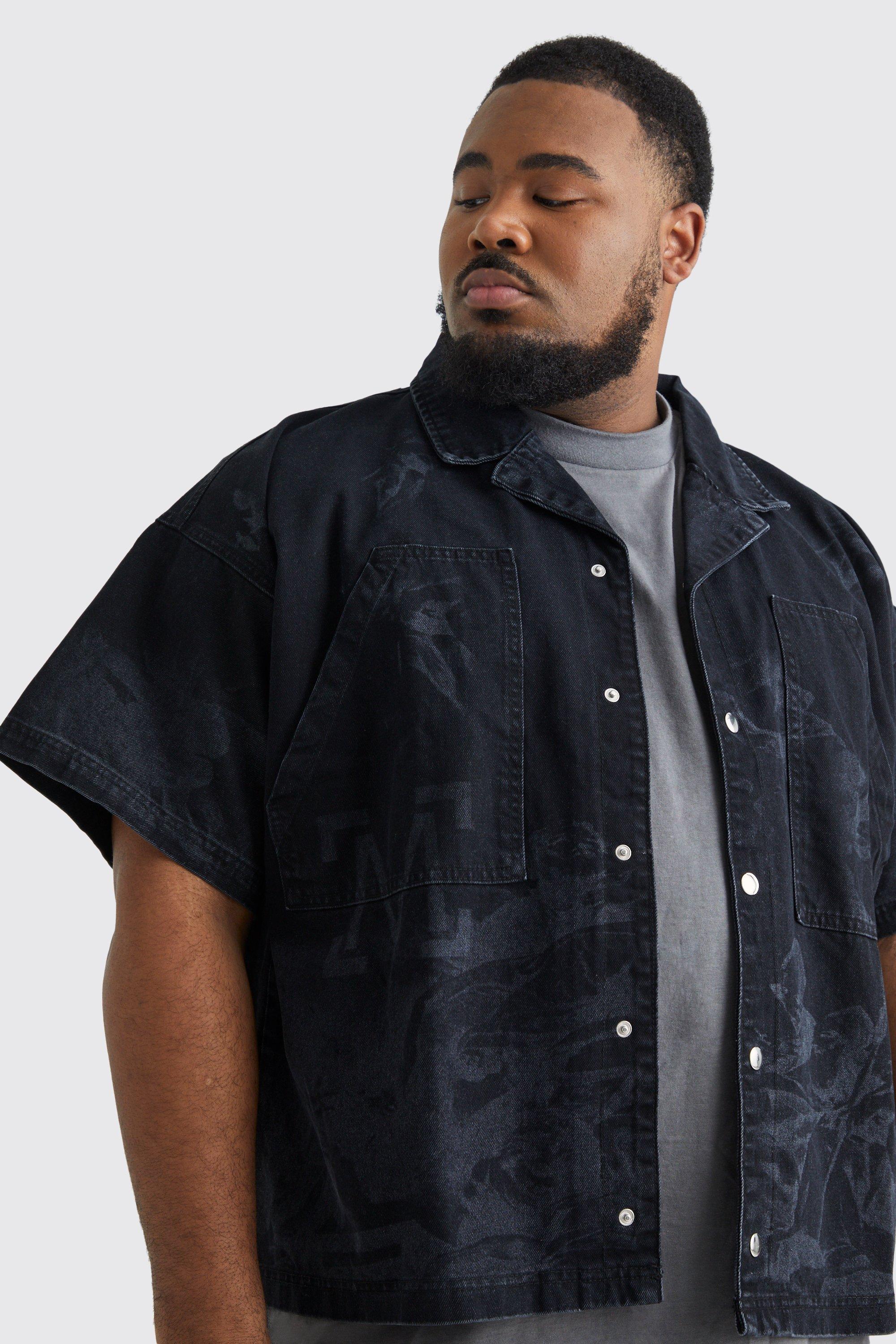 BoohooMAN Plus Boxy Fit Renaissance Laser Print Denim Shirt in Black for  Men | Lyst UK