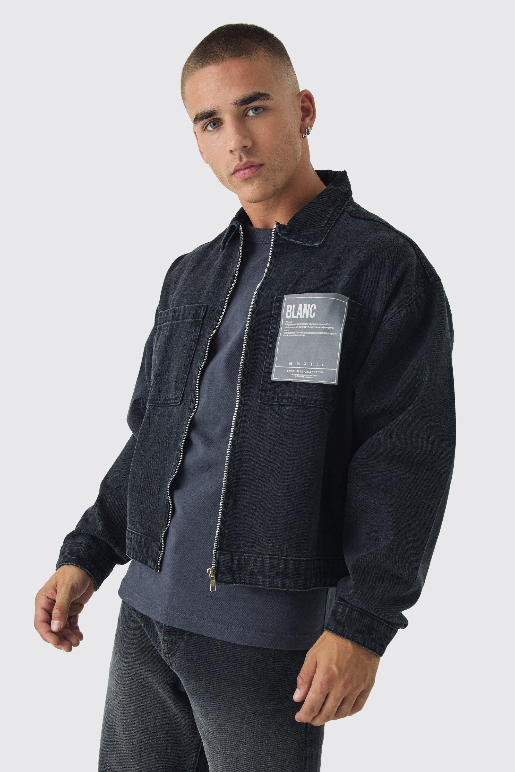 BoohooMAN Boxy Fit Jean Jacket With Woven Label in Blue for Men Lyst