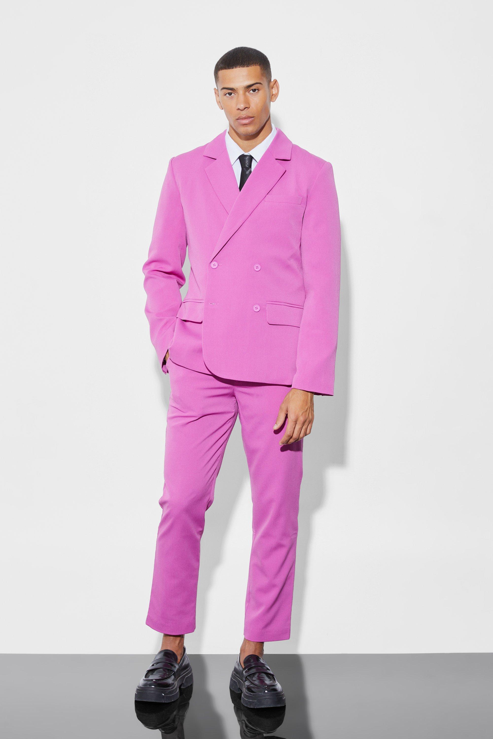 BoohooMAN Slim Double Breasted Crinkle Suit Jacket in Pink for Men