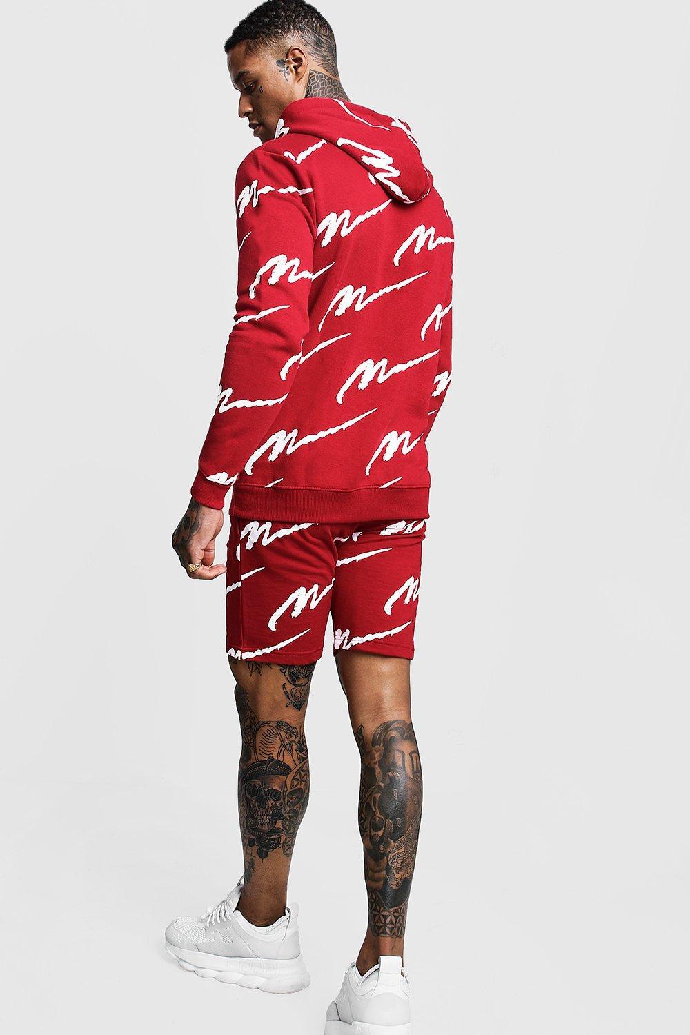 all over man printed hooded short tracksuit