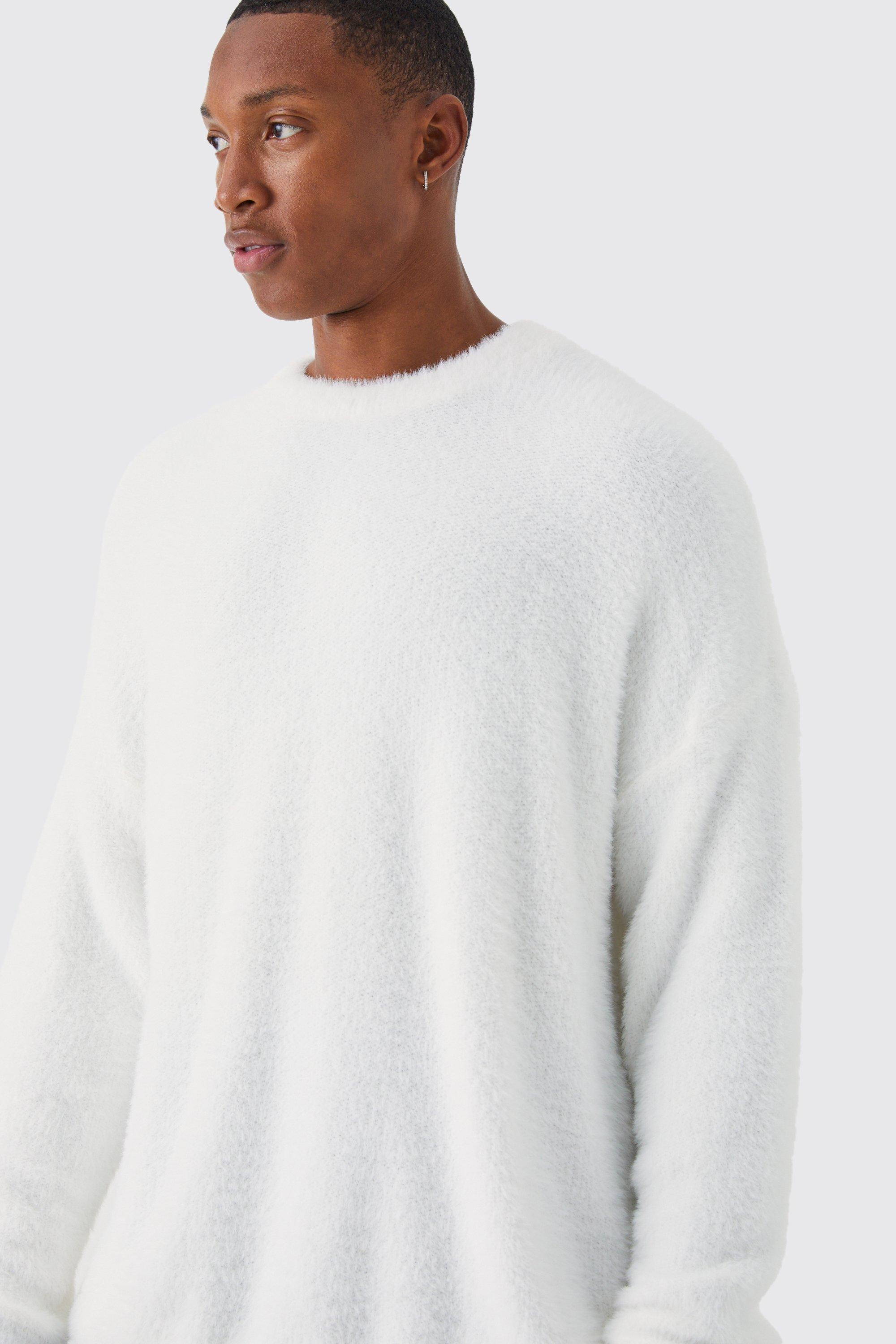 BoohooMAN Oversized Crew Neck Fluffy Knitted Jumper in White for Men Lyst UK