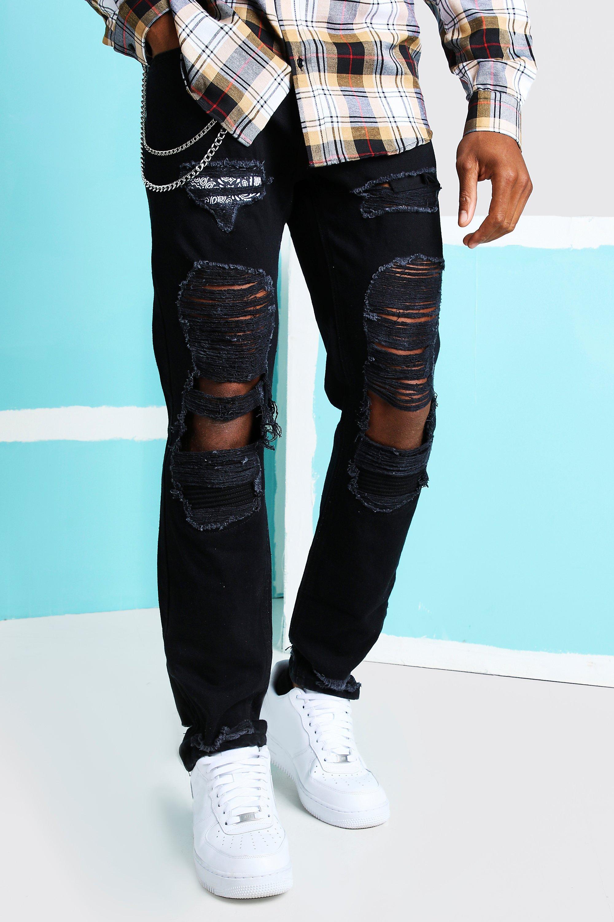 BoohooMAN Denim Skinny Rigid Bandana Rip Jeans With Chain in Black for