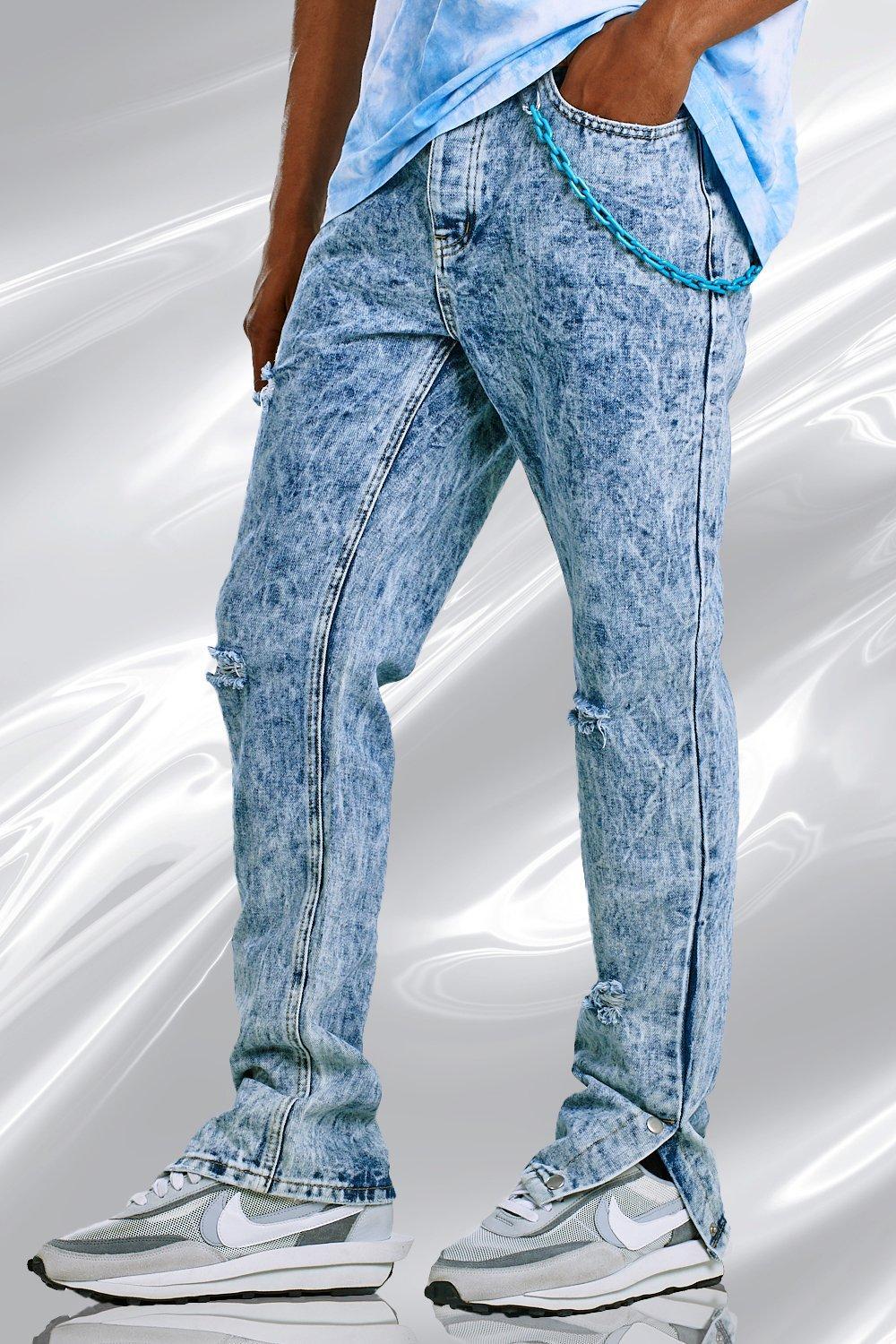 BoohooMAN Denim Skinny Split Hem Bleached Jeans With Plastic Chain in