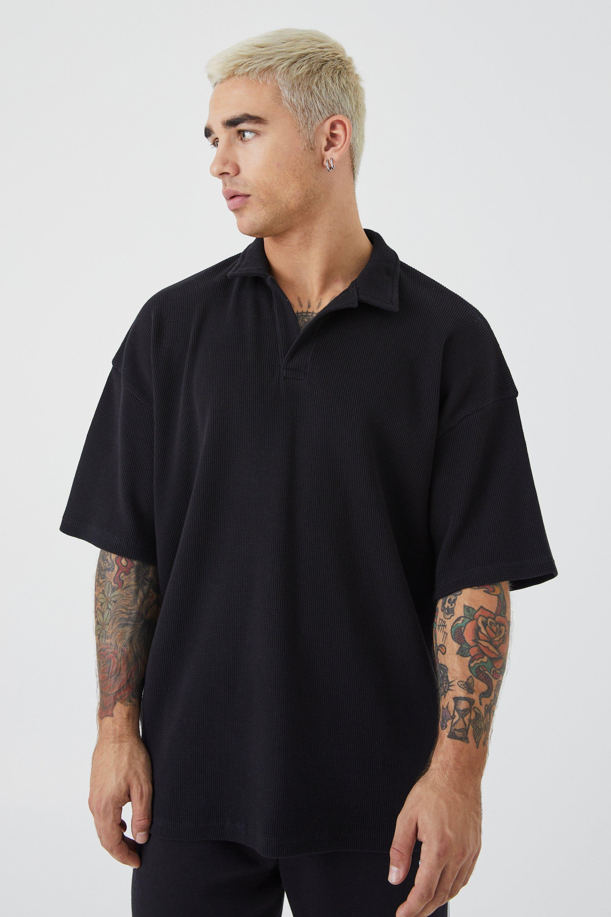 BoohooMAN Oversized Revere Collar Short Sleeve Polo in Black for Men