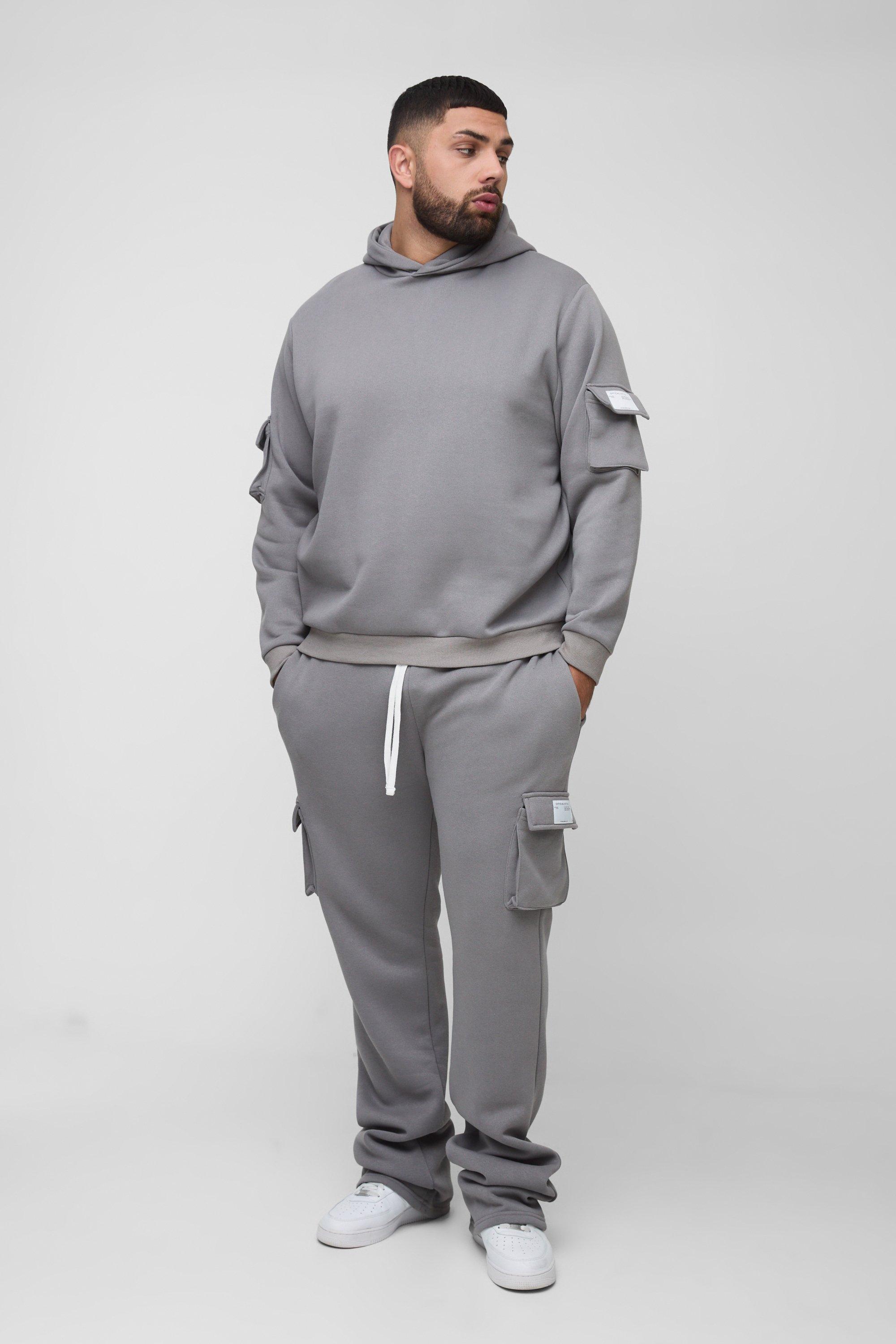 BoohooMAN Plus Super Stacked Woven Tab Cargo Hooded Tracksuit in Grey for  Men | Lyst UK