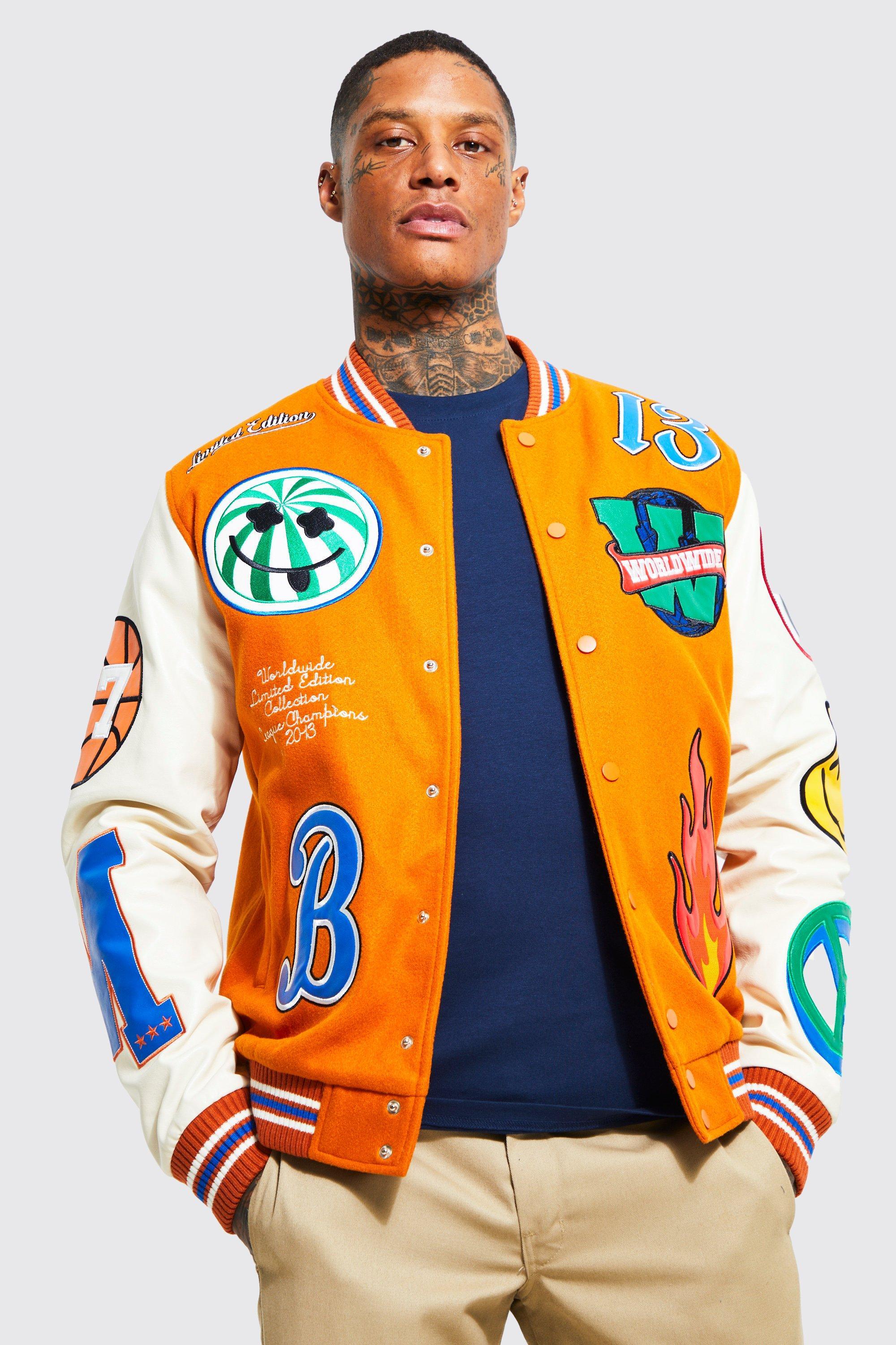 BoohooMAN Denim Limited Edition Double Face Varsity Jacket in Orange