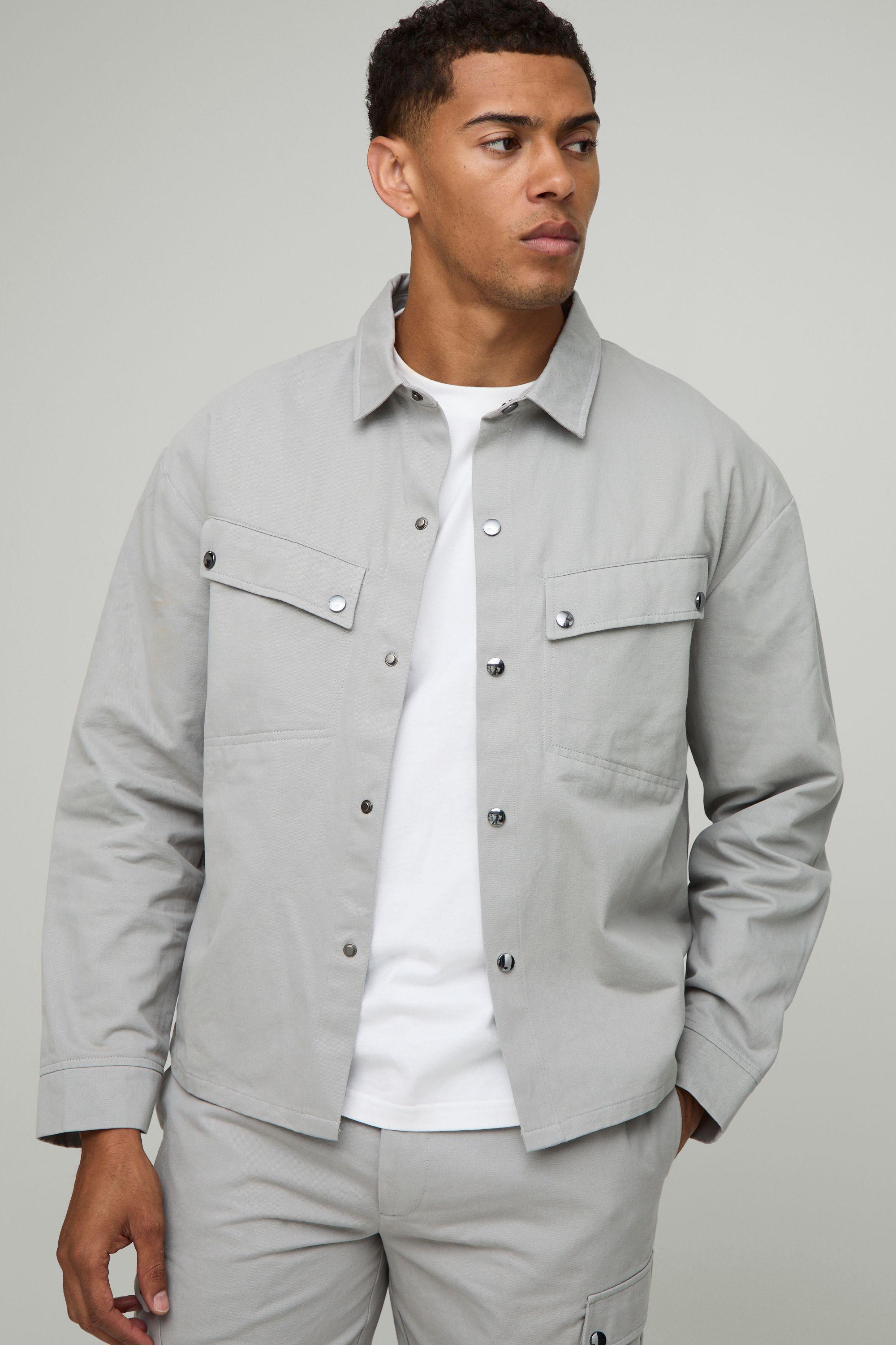 BoohooMAN Oversized Canvas Long Sleeve Cargo Shirt Jacket in Gray