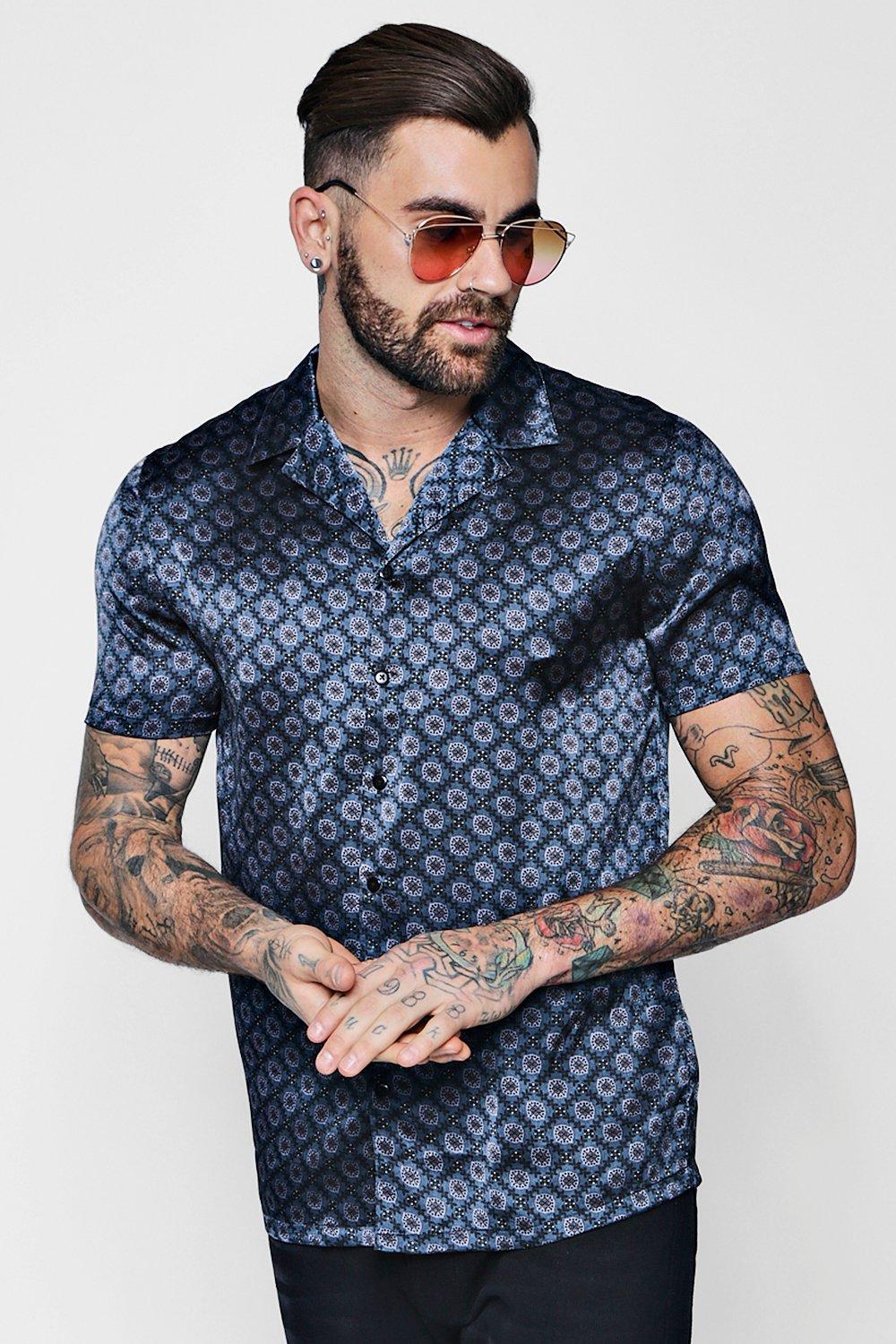 Boohoo Geo Print Short Sleeve Revere Satin Shirt in Blue for Men | Lyst