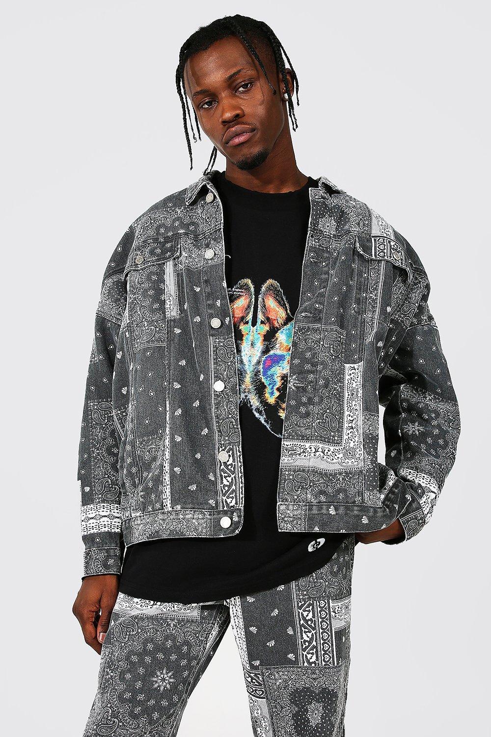 BoohooMAN Oversized Washed Bandana Print Denim Jacket in Gray for Men | Lyst